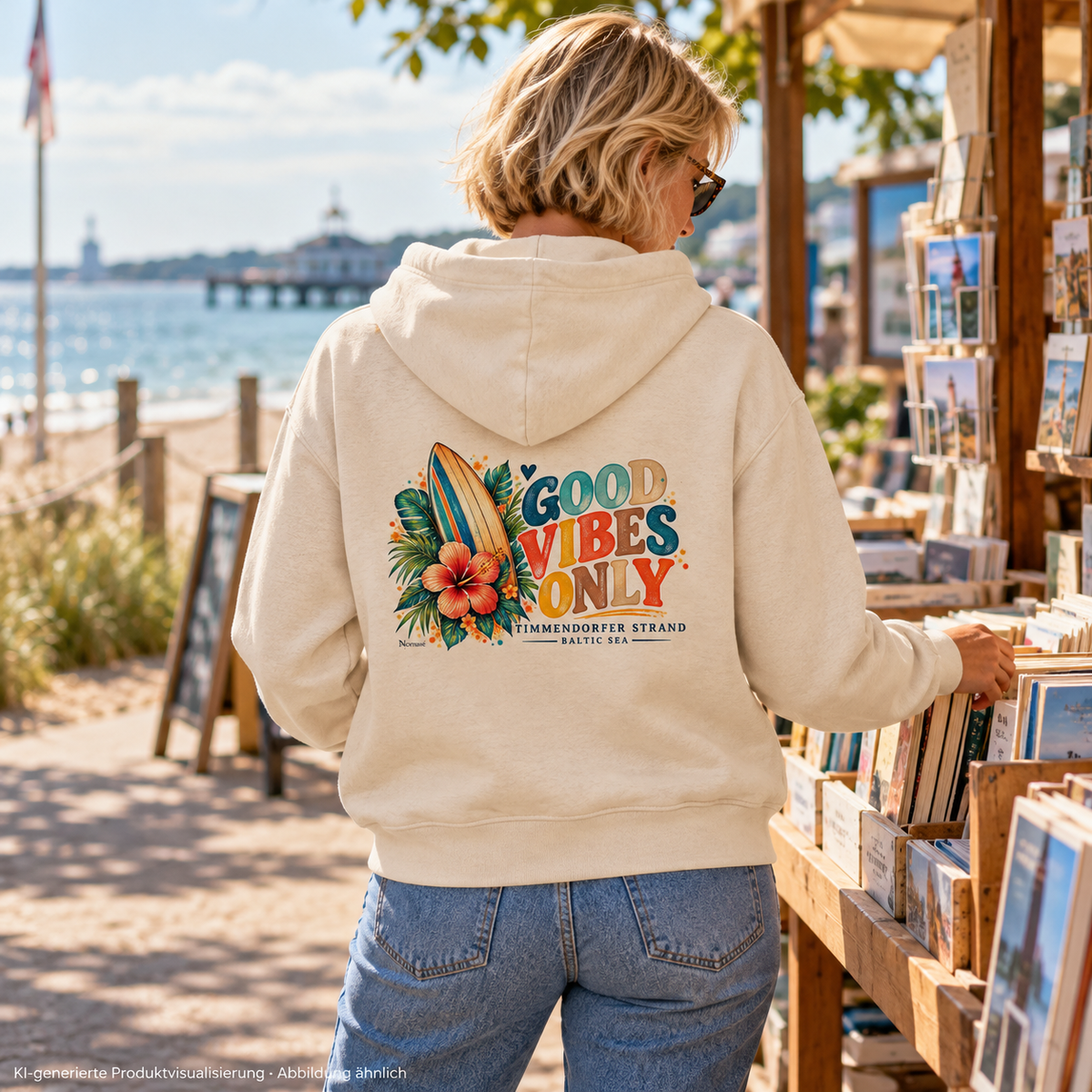 KI-generierte Produktvisualisierung: Frau im Natural-Raw Bio-Zipper mit Timmendorfer Surf-Vibes-Rückenprint am Bücherstand an der Ostsee.