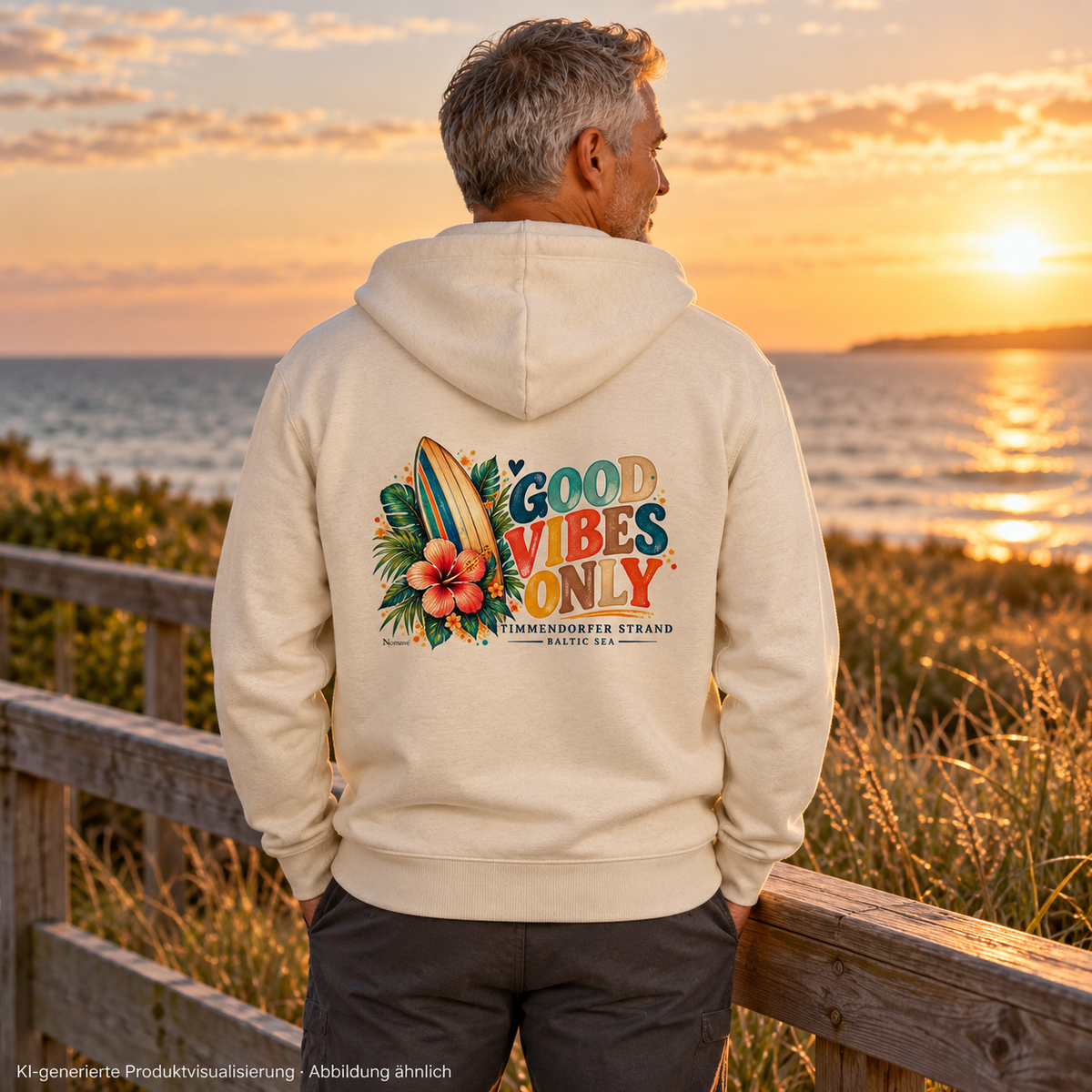 KI-generierte Produktvisualisierung: Mann in Natural-Raw Kapuzenjacke mit Surfboard- und Hibiskus-Rückenprint am Dünenweg im Abendlicht.