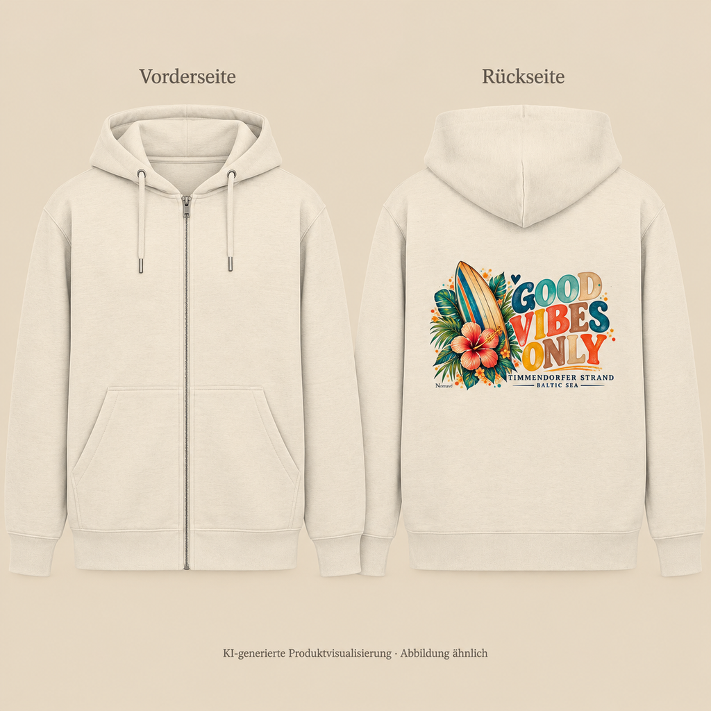 KI-generierte Split-Produktvisualisierung: Natural-Raw Bio-Zipper, Vorderseite ohne Aufdruck und Rückseite mit Timmendorfer Surf-Vibes-Motiv.