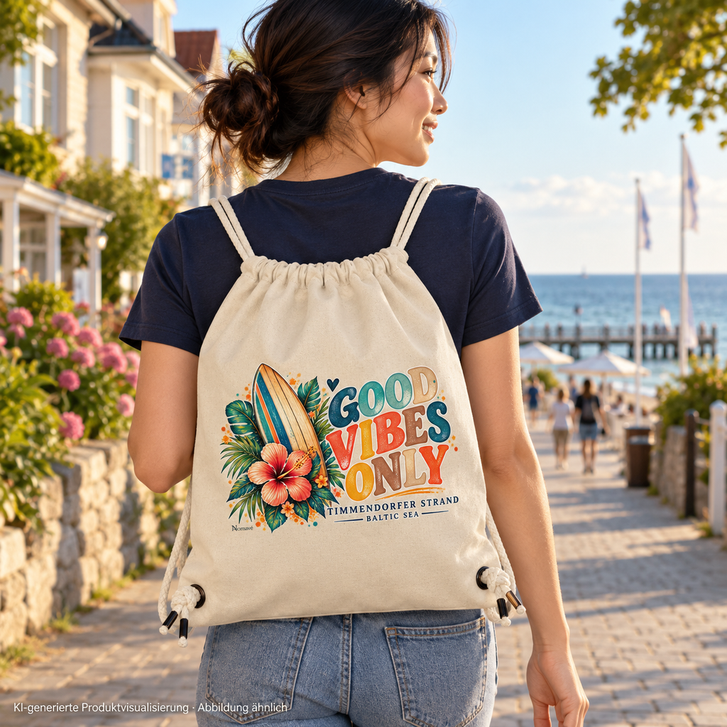 KI-generierte Produktvisualisierung: Frau trägt einen naturfarbenen Timmendorfer Surf-Vibes-Gym-Bag mit Surfboard und Hibiskus beim Küstenbummel.