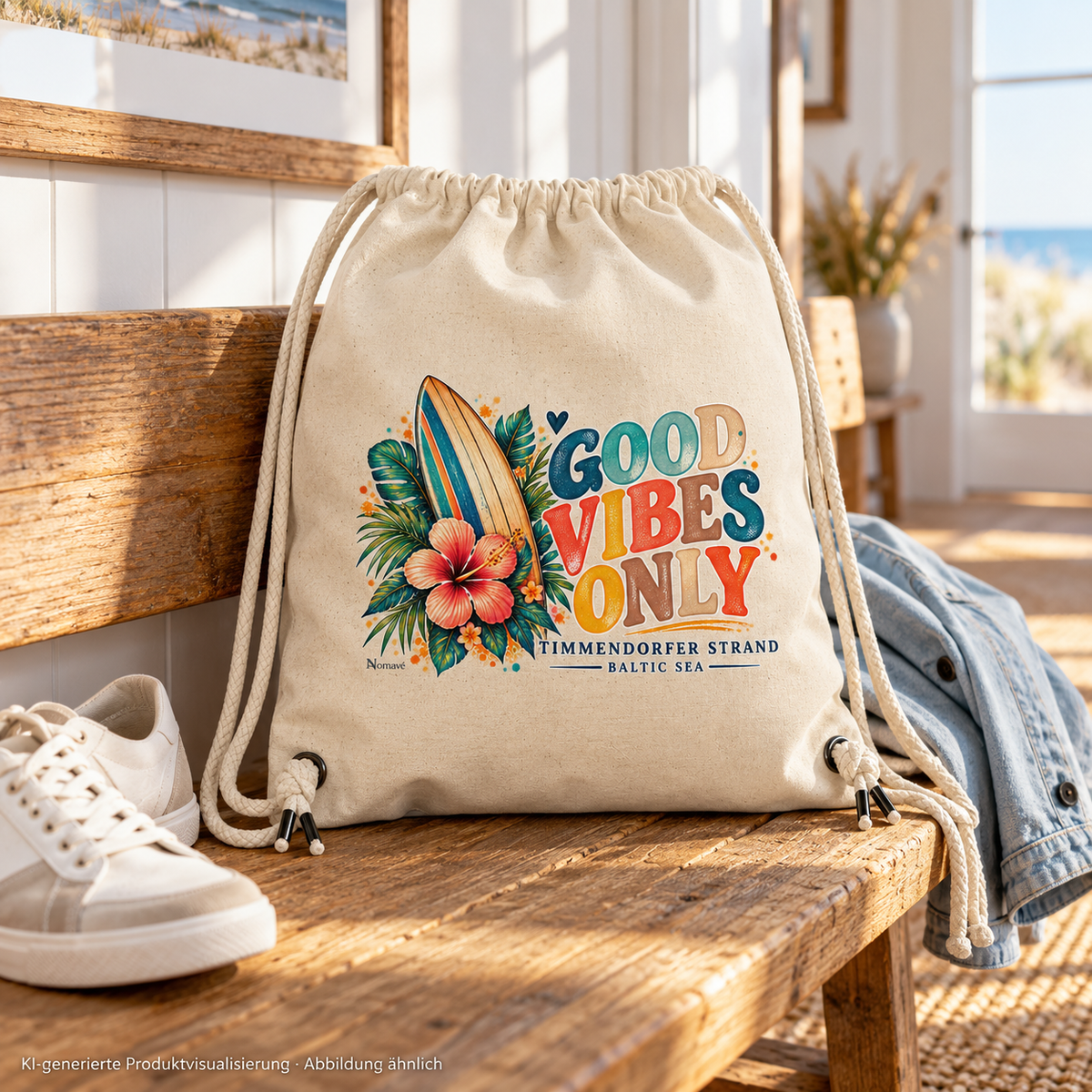 KI-generierte Produktvisualisierung: Naturfarbener Surf-Vibes-Turnbeutel mit Zugkordeln auf einer Holzbank im Flur eines Küstenferienhauses.