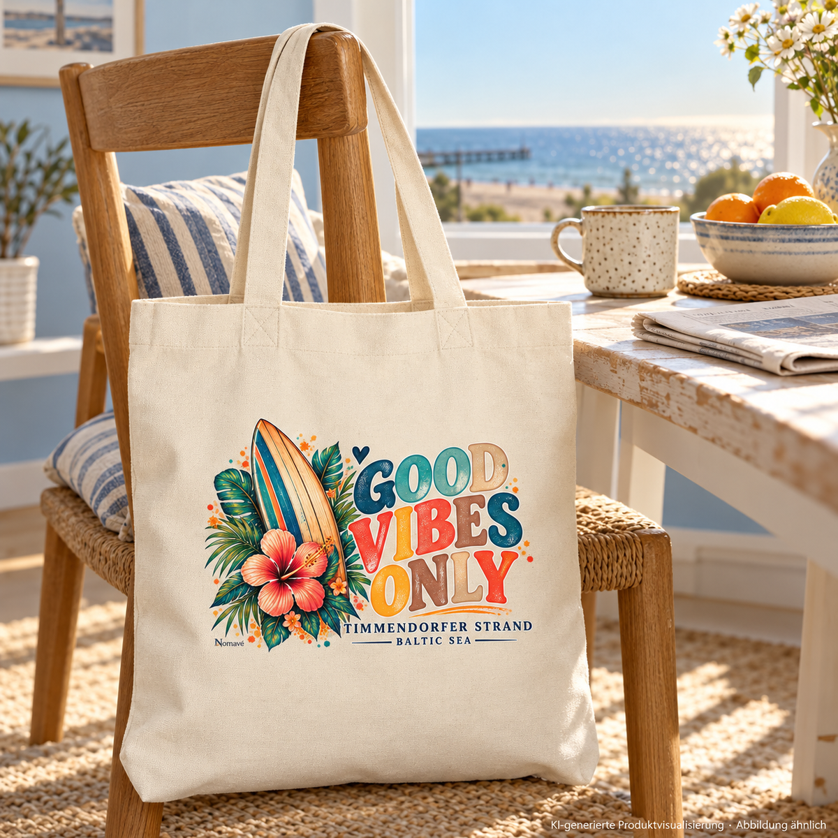 KI-generierte Produktvisualisierung: Naturfarbene Surf-Vibes-Stofftasche mit Surfboard und Hibiskus an einem Holzstuhl in einer hellen Frühstücksecke.