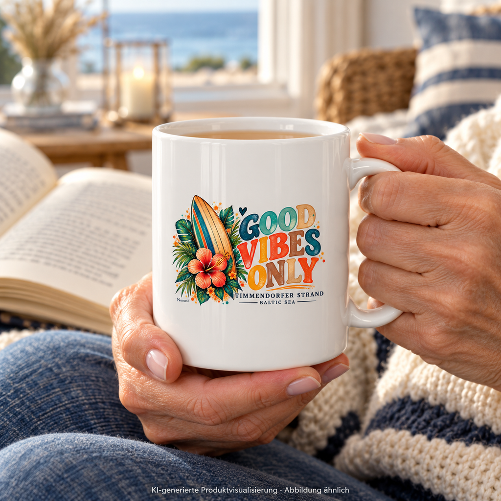 Weiße Surf-Vibes-Tasse in den Händen einer Frau bei einer Lesepause mit Tee – KI-generierte Produktvisualisierung