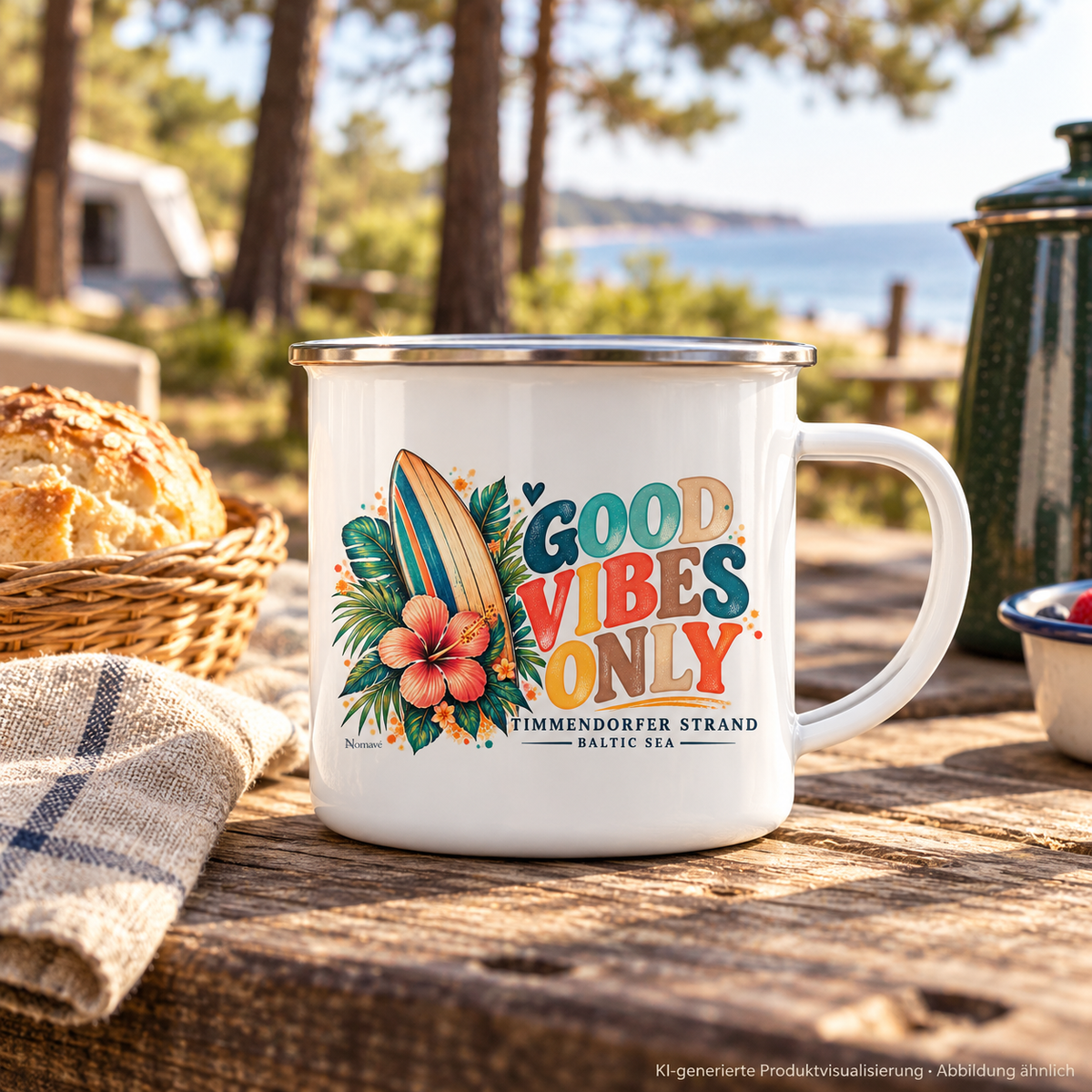 Weiße Timmendorfer Surf-Vibes-Emaille-Tasse mit Silberrand auf einem Camping-Picknicktisch – KI-generierte Produktvisualisierung