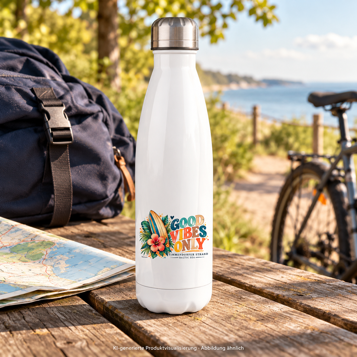 Weiße Surf-Vibes-Thermoflasche mit silbernem Deckel auf einer Picknickbank neben Karte und Tagesrucksack – KI-generierte Produktvisualisierung