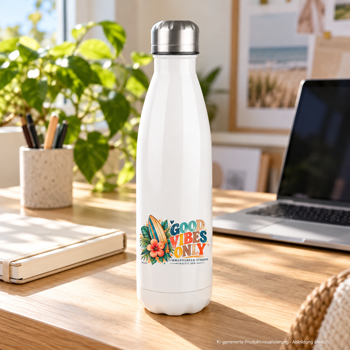 Timmendorfer Surf-Vibes-Thermoflasche mit tief platziertem Motiv auf einem hellen Schreibtisch – KI-generierte Produktvisualisierung