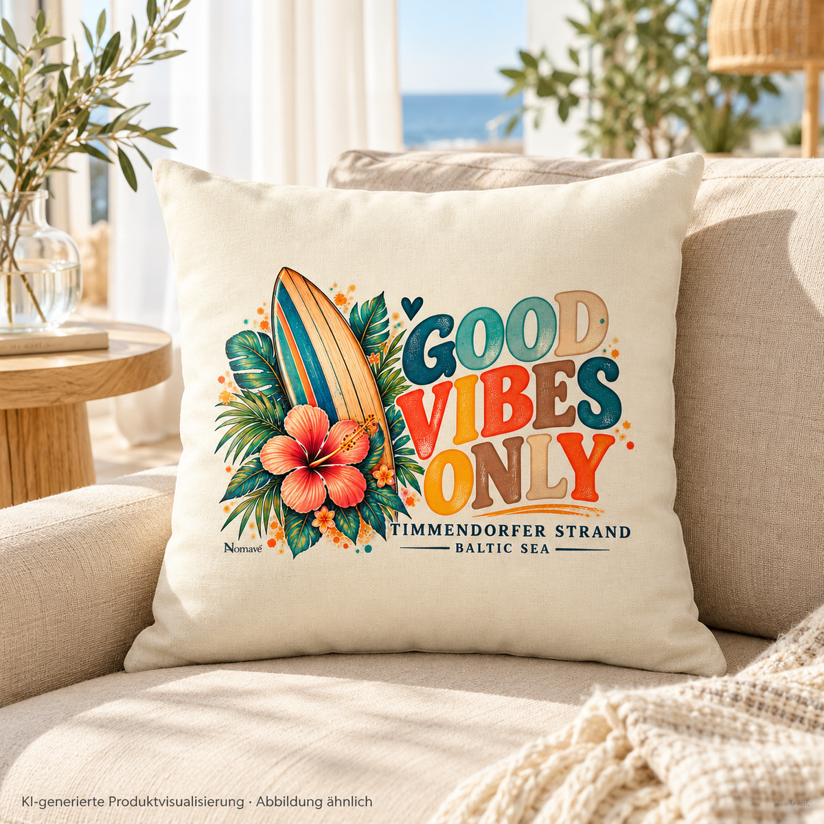 Naturfarbenes Timmendorfer Surf-Vibes-Kissen auf einem hellen Sofa im sonnigen Wohnzimmer – KI-generierte Produktvisualisierung