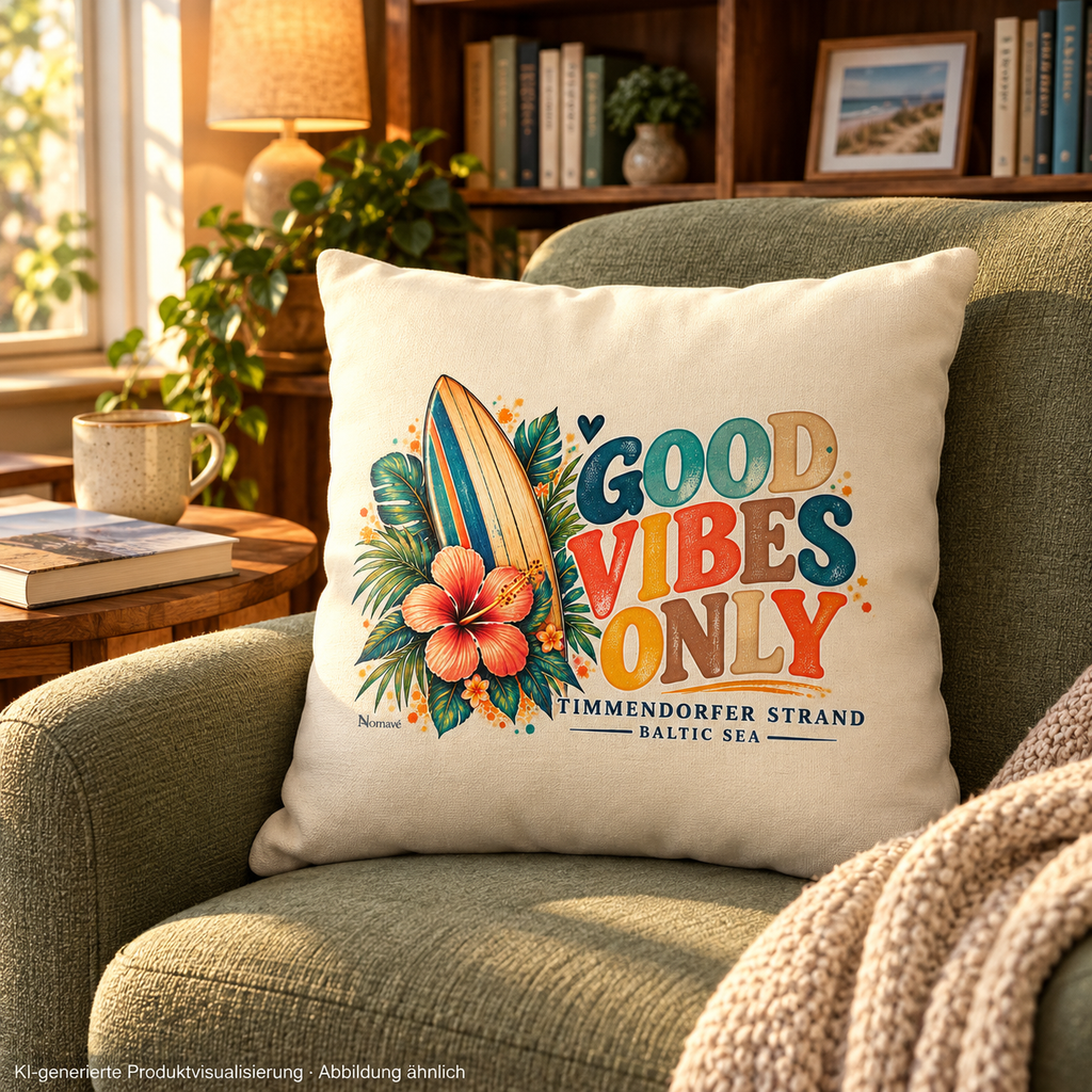 Surf-Vibes-Kissen natur auf einem grünen Lesesessel neben Büchern und Lampe – KI-generierte Produktvisualisierung