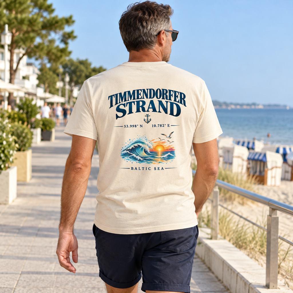 Unisex Bio-T-Shirt in Natural Raw mit Timmendorfer Strand – Baltic Sea Rückenprint beim Spaziergang auf der Ostseepromenade.