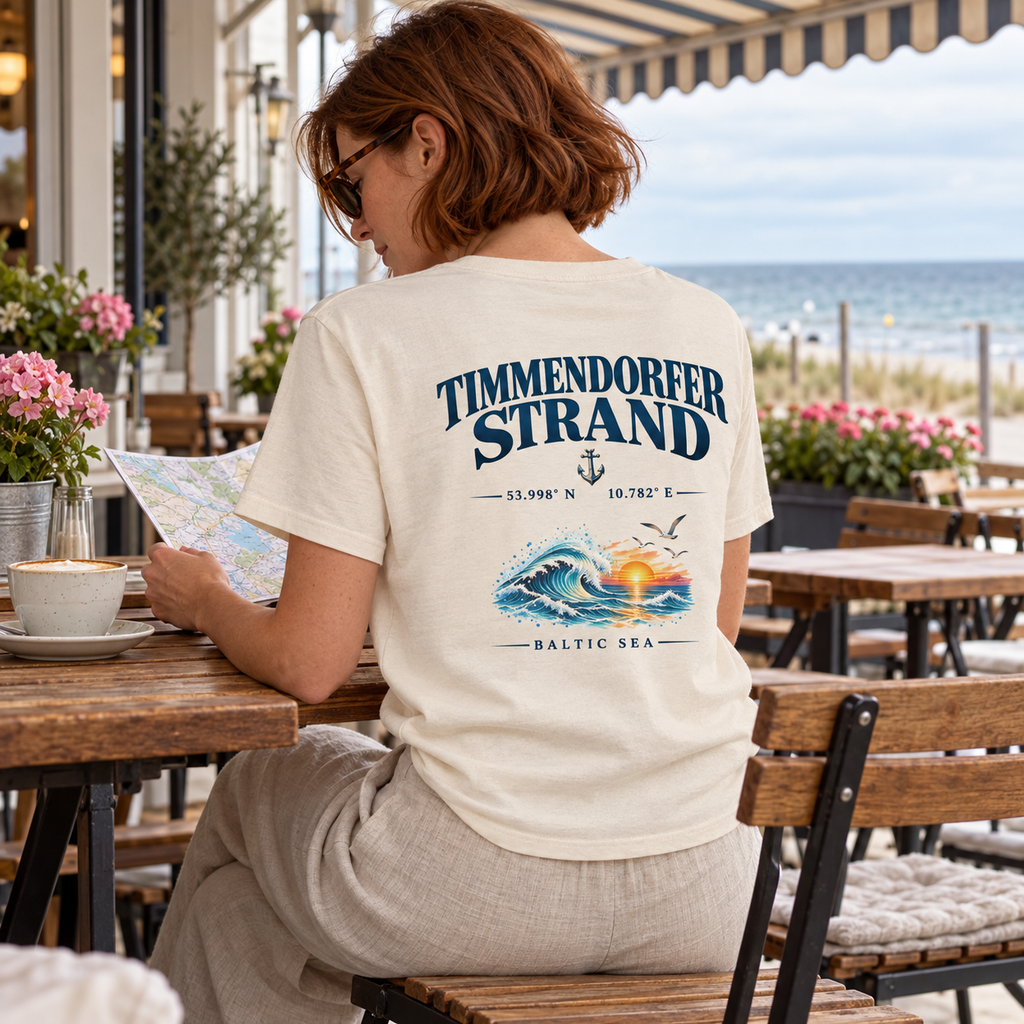 Frau im Unisex Bio-T-Shirt in Natural Raw mit Timmendorfer Strand – Baltic Sea Rückenprint beim Lesen einer Karte im Küstencafé.