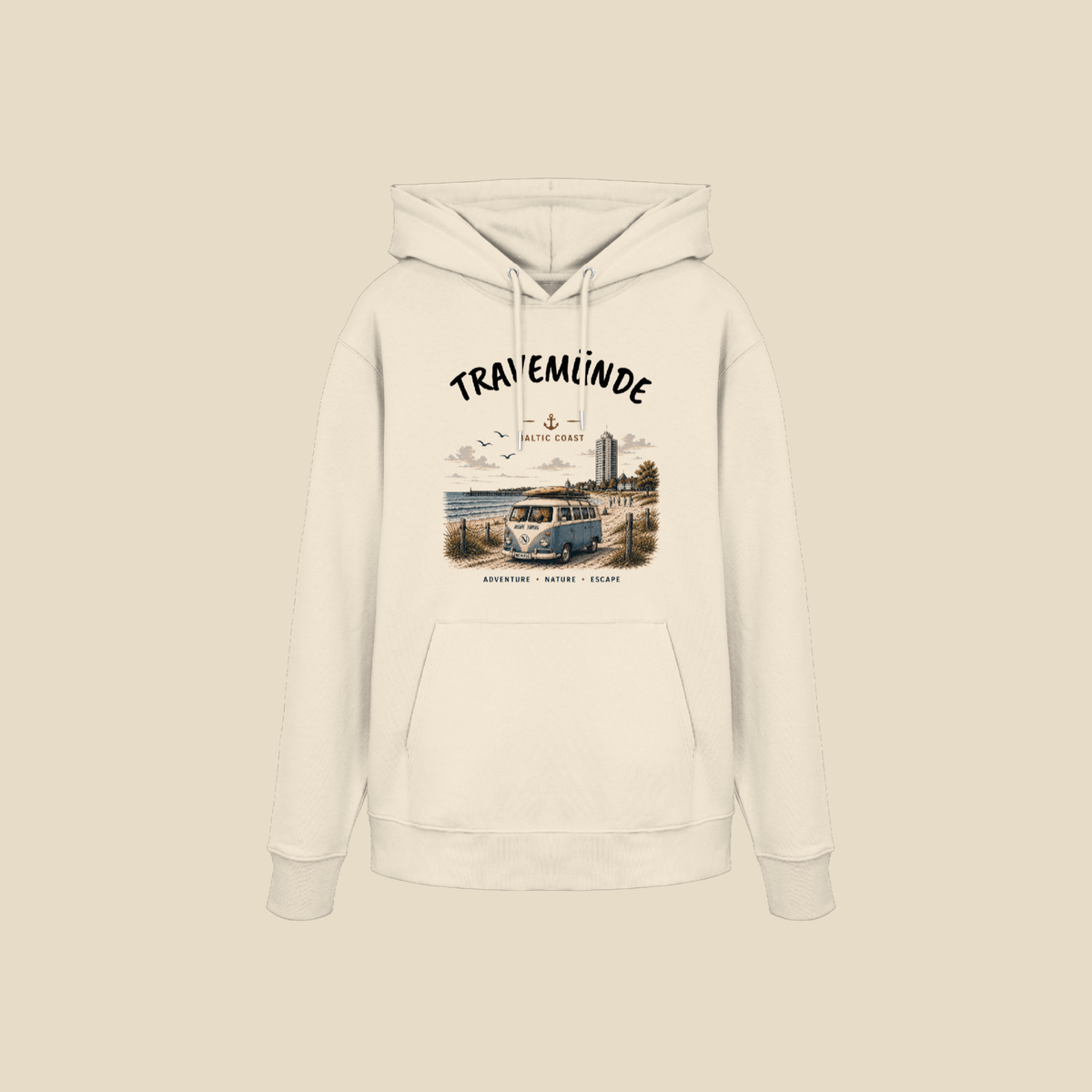Travemünde Bulli – Bio-Hoodie – Helle Edition als klares Produktmockup