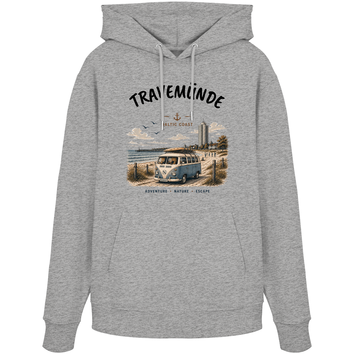 Travemünde Bulli – Bio-Hoodie – Helle Edition als Produktansicht in Heather Grey