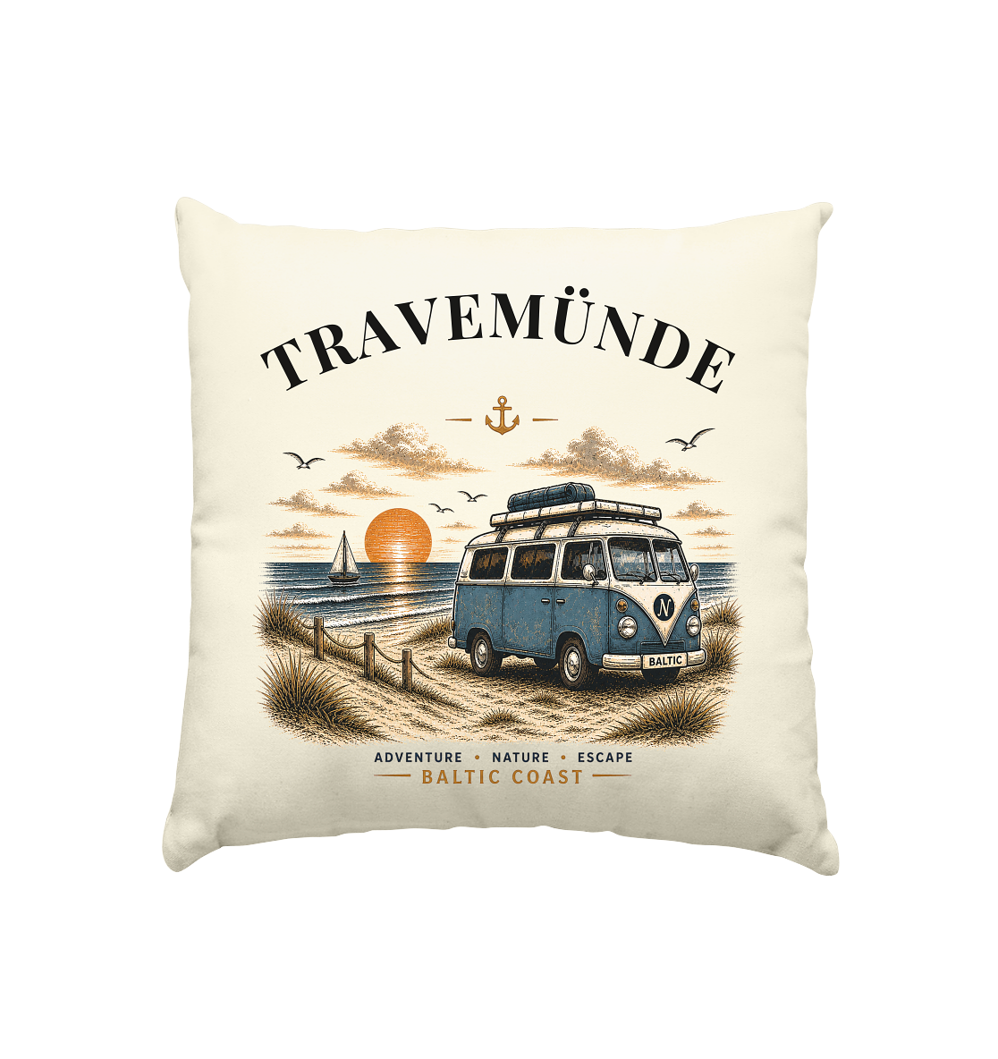 Travemünde Bulli – Baltic Coast Kissen 40 × 40 cm als Produktansicht in Natur