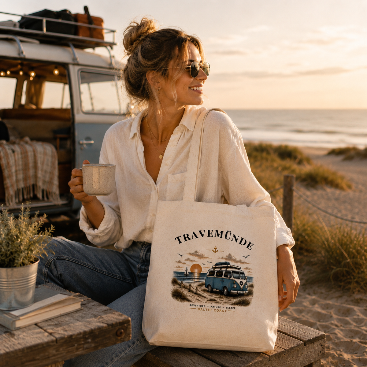 Travemünde Bulli – Baltic Coast Bio-Tasche in einer maritimen Travemünde Produktaufnahme