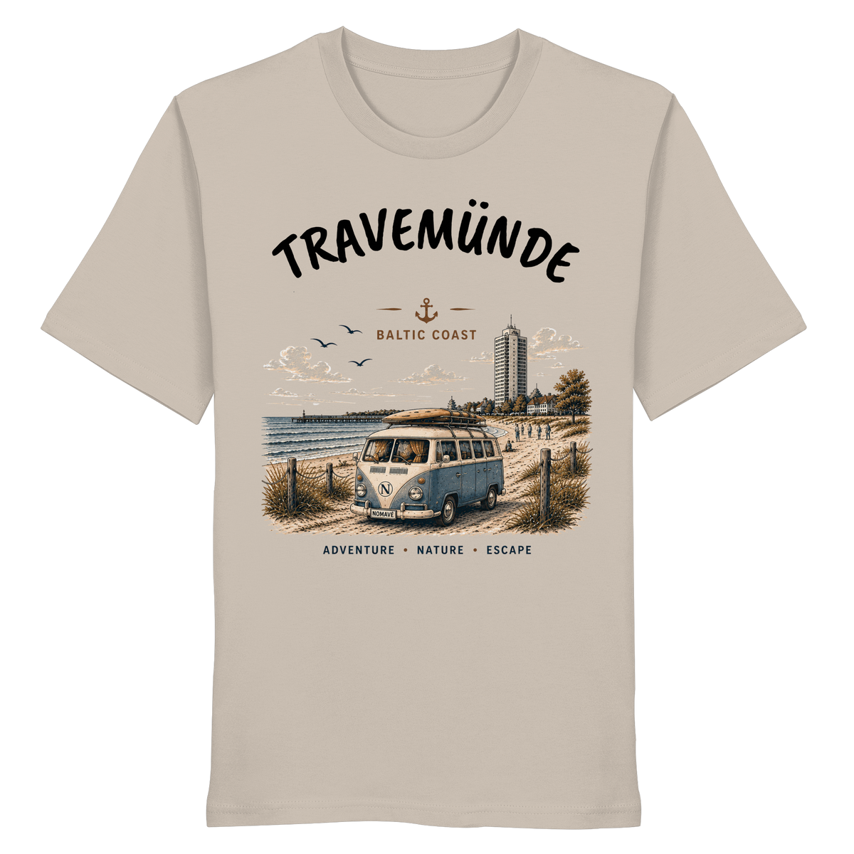 Travemünde Bulli – Bio T-Shirt – Helle Edition als Produktansicht in Desert Dust