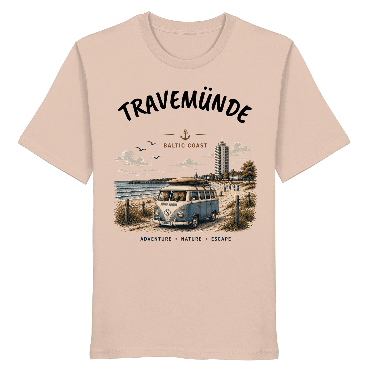 Travemünde Bulli – Bio T-Shirt – Helle Edition als Produktansicht in Fraiche Peche