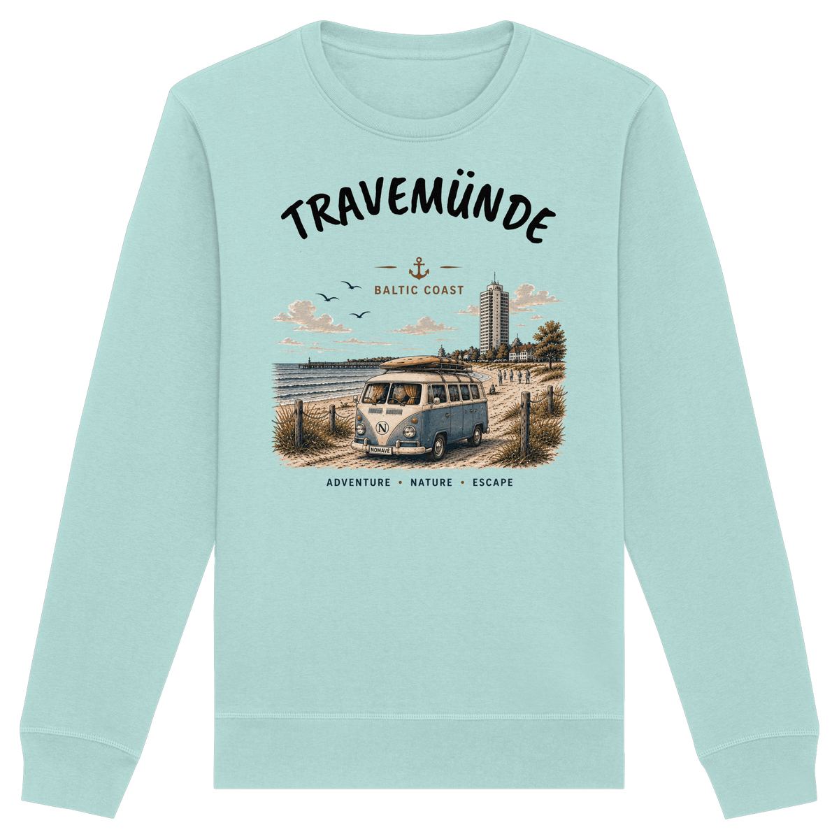 Travemünde Bulli – Bio-Sweatshirt – Helle Edition als Produktansicht in Caribbean Blue