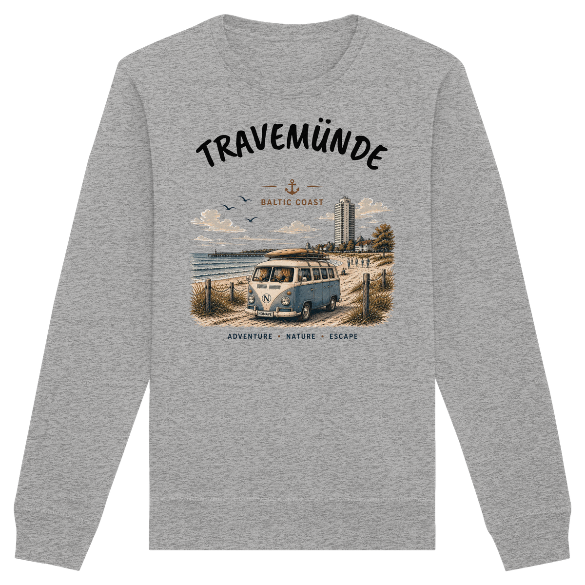 Travemünde Bulli – Bio-Sweatshirt – Helle Edition als Produktansicht in Heather Grey