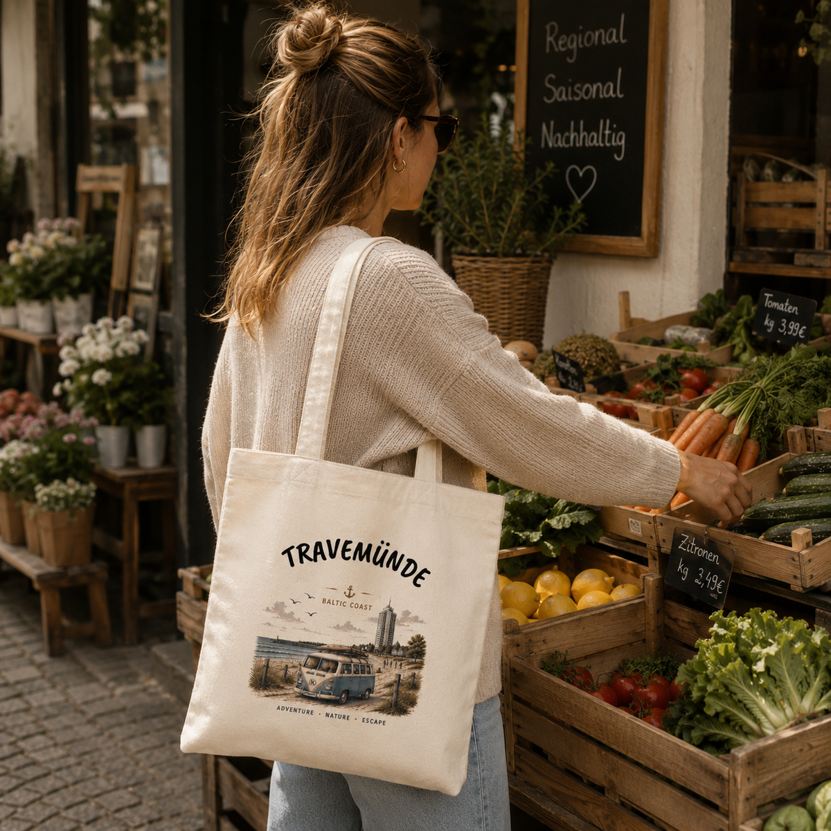 Travemünde Bulli – Baltic Coast Bio-Tasche in einer maritimen Travemünde Produktaufnahme