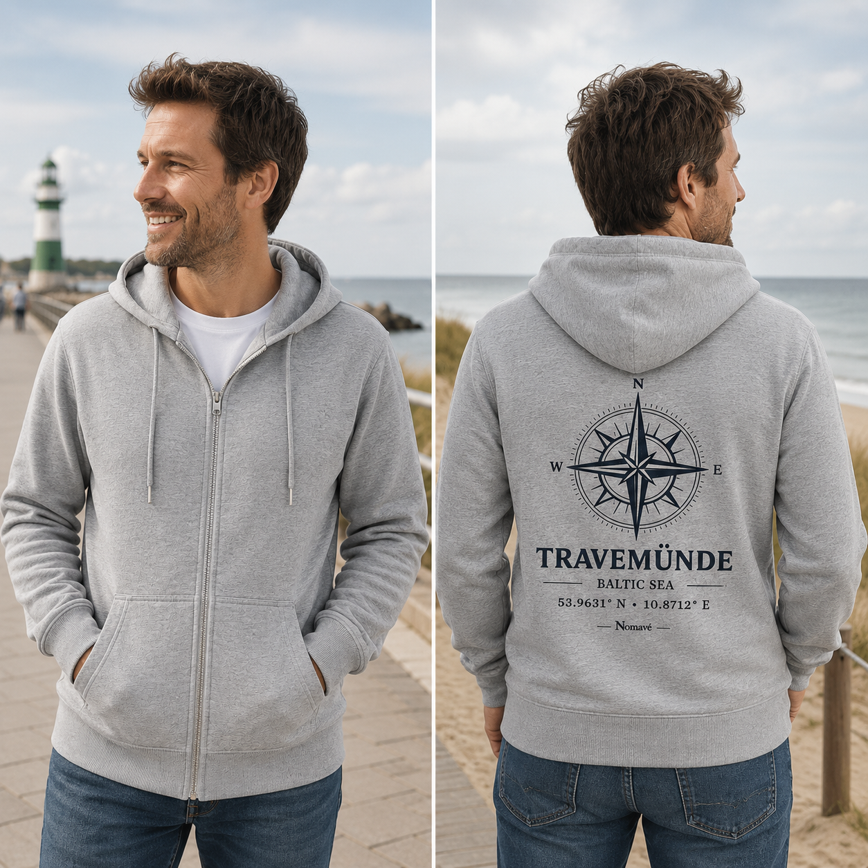 Lifestyle-Aufnahme einer hellgrauen Nomavé Bio-Kapuzenjacke mit Reißverschluss. Links die Vorderansicht, rechts die Rückenansicht mit großem „Travemünde Baltic Sea“-Kompassmotiv und Koordinaten. Fotografiert an der Ostseeküste mit Strandpromenade, Meer und grün-weißem Leuchtturm im Hintergrund.