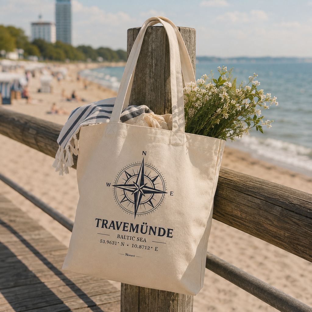 Cremefarbene Nomavé Bio-Stofftasche mit „Travemünde Baltic Sea“-Kompassmotiv an einer Strandpromenade mit Blick auf die Ostsee. Die Tasche ist mit Strandtuch und Blumen gefüllt und vermittelt maritimes Urlaubsgefühl.