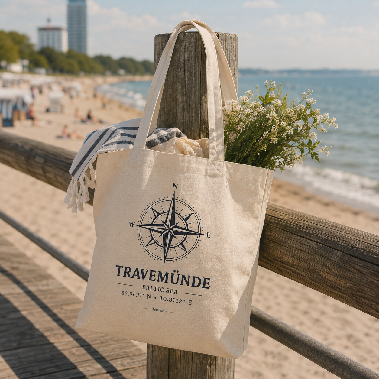 Cremefarbene Nomavé Bio-Stofftasche mit „Travemünde Baltic Sea“-Kompassmotiv an einer Strandpromenade mit Blick auf die Ostsee. Die Tasche ist mit Strandtuch und Blumen gefüllt und vermittelt maritimes Urlaubsgefühl.