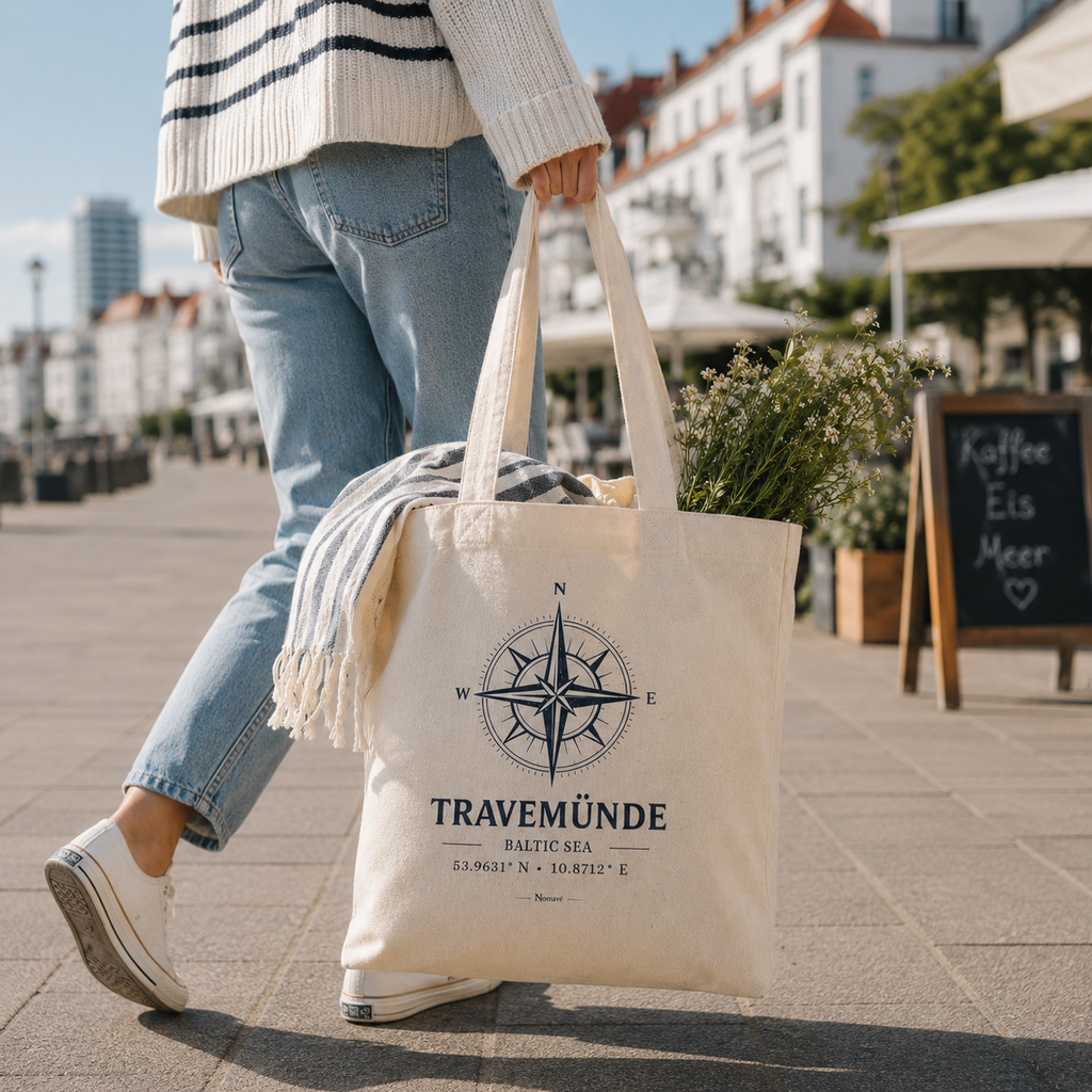 Nachhaltige Nomavé Bio-Stofftasche mit „Travemünde Baltic Sea“-Kompassmotiv an der Vorderreihe in Travemünde. Die Baumwolltasche wird lässig getragen und ist mit Strandtuch und Blumen gefüllt – ideal für Strand, Shopping und den Ostseeurlaub.