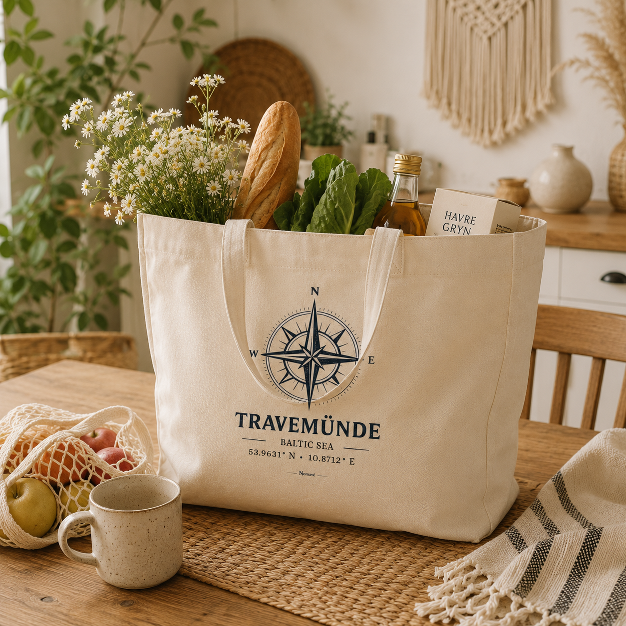 Nachhaltige Nomavé Bio-Strandtasche mit „Travemünde Baltic Sea“-Kompassmotiv als stilvolle Einkaufstasche. Die geräumige Tasche aus Bio-Baumwolle ist mit frischen Lebensmitteln gefüllt und eignet sich ideal für Einkäufe, Wochenmarkt, Strand, Freizeit und den Ostseeurlaub.