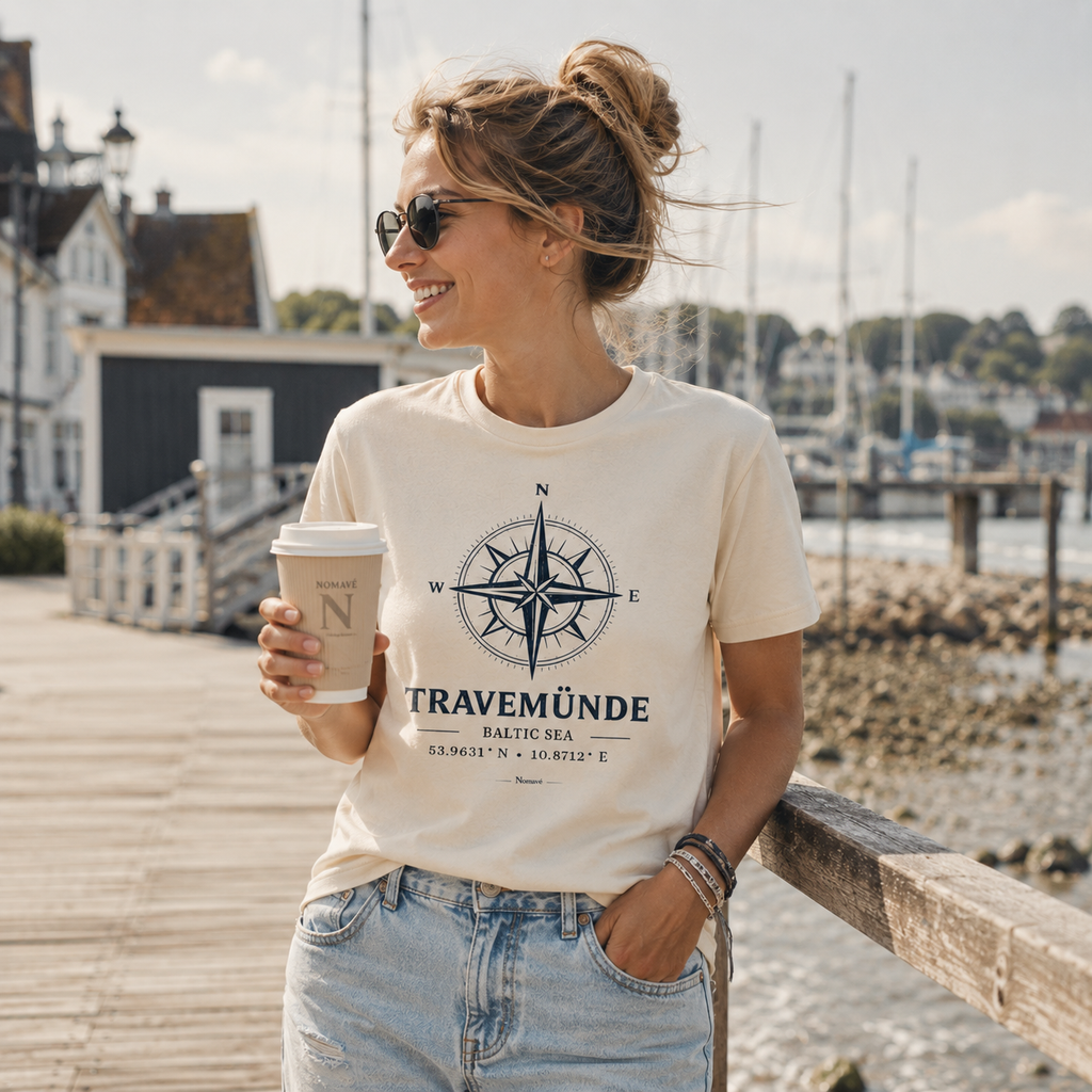 Frau trägt das Nomavé Bio T-Shirt „Travemünde Baltic Sea“ mit maritimer Windrose und den Koordinaten von Travemünde. Lifestyle-Aufnahme an der Hafenpromenade in Travemünde mit Segelbooten und Kaffee im warmen Morgenlicht.