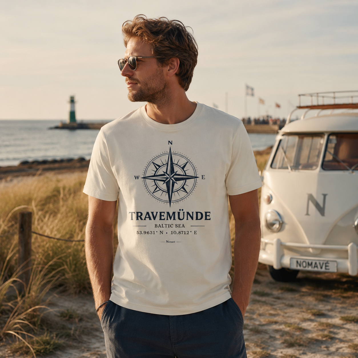 Mann trägt das Nomavé Bio T-Shirt „Travemünde Baltic Sea“ mit maritimer Windrose und den Koordinaten von Travemünde. Lifestyle-Aufnahme an der Ostseeküste mit Leuchtturm, Dünen und Bulli im warmen Morgenlicht.
