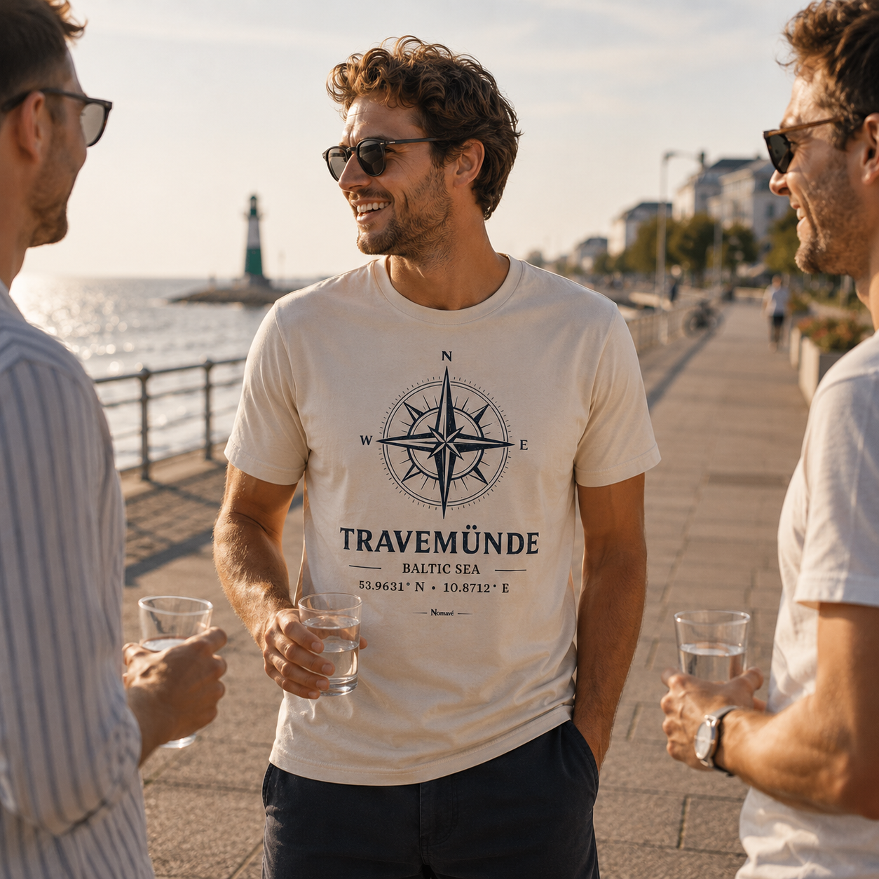 Mann trägt das Nomavé Bio T-Shirt „Travemünde Baltic Sea“ mit maritimer Windrose und den Koordinaten von Travemünde. Entspannte Lifestyle-Szene mit Freunden auf der Travemünder Promenade, der grüne Leuchtturm und die Ostsee im Hintergrund bei warmem Morgenlicht.