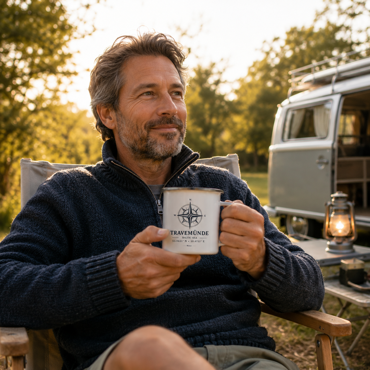 Ein Mann genießt beim Camping einen heißen Kaffee aus einem weißen Emaillebecher mit dem maritimen Kompassmotiv „Travemünde Baltic Sea“ von Nomavé. Neben einem Campervan inmitten der Natur vermittelt der leichte Outdoor-Becher das Gefühl von Freiheit, Vanlife und entspannten Auszeiten – ideal für Camping, Roadtrips und Abenteuer an der Ostsee.
