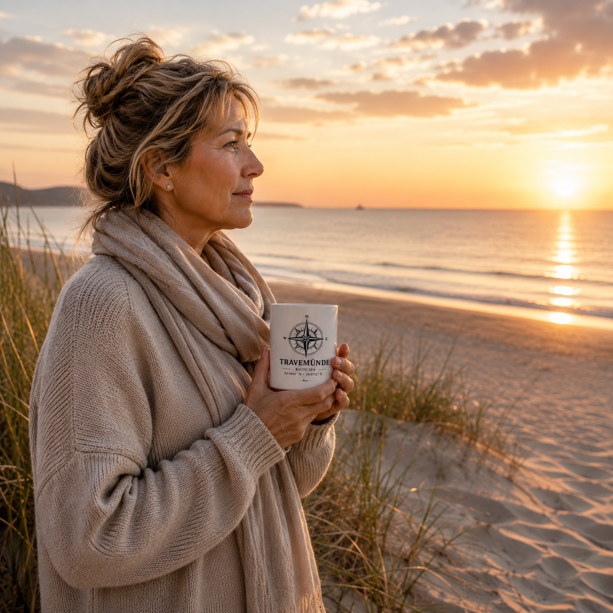 Eine Frau genießt am Ostseestrand im sanften Morgenlicht eine heiße Keramiktasse mit dem maritimen Kompassmotiv „Travemünde Baltic Sea“ von Nomavé. Der ruhige Strand, die Dünen und der Sonnenaufgang schaffen eine entspannte Küstenatmosphäre und machen die Tasse zum perfekten Begleiter für den ersten Kaffee oder Tee am Meer.