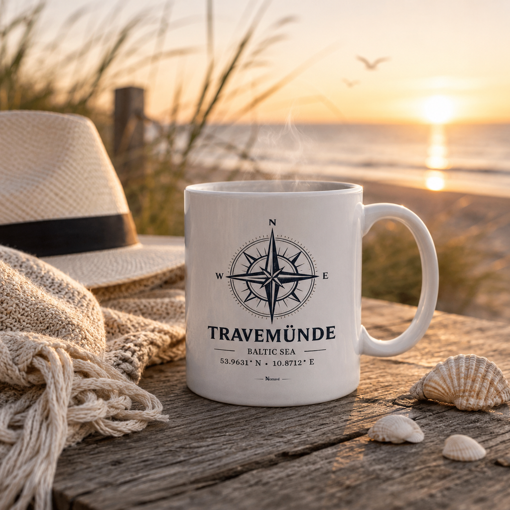Weiße Keramiktasse mit maritimem Kompassmotiv „Travemünde Baltic Sea“ von Nomavé auf einem verwitterten Holztisch am Ostseestrand im warmen Morgenlicht. Aufsteigender Dampf, Muscheln, ein Strohhut und das ruhige Meer schaffen eine gemütliche Küstenatmosphäre und laden zu einer Tasse Kaffee oder Tee mit Blick auf den Sonnenaufgang ein.