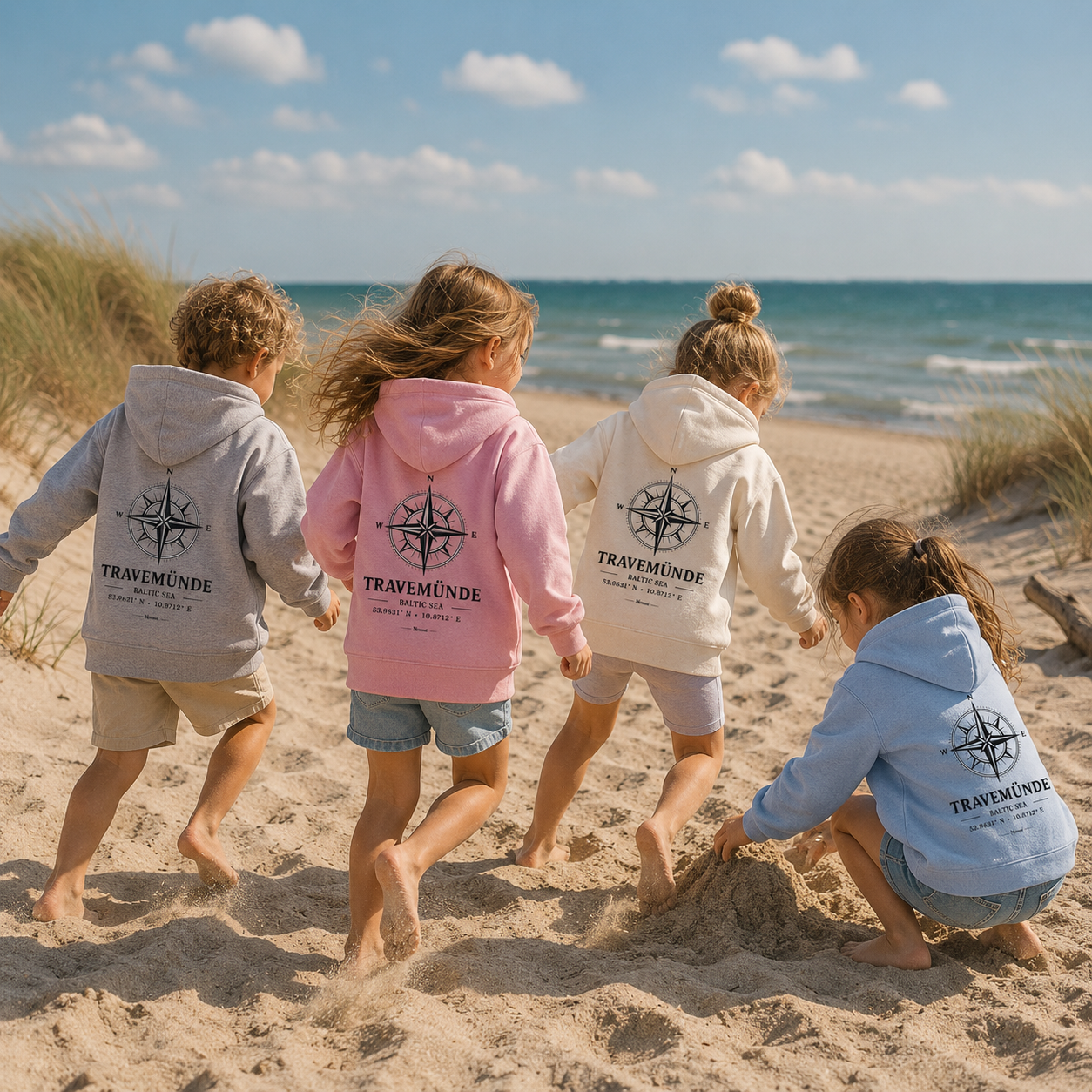Vier Kinder tragen bunte Nomavé Kinder Bio-Hoodies mit großem „Travemünde Baltic Sea“-Kompassmotiv auf dem Rücken und spielen gemeinsam am Ostseestrand. Fröhliches Lifestylebild mit Dünen, Meer und sommerlicher Urlaubsstimmung.