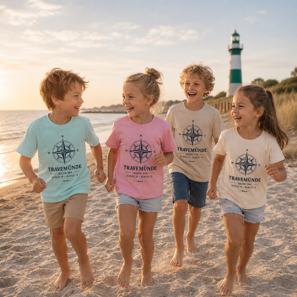 Vier Kinder tragen Nomavé Kinder Bio-T-Shirts mit „Travemünde Baltic Sea“-Kompassmotiv in verschiedenen Farben und laufen gemeinsam lachend am Ostseestrand. Im Hintergrund sind Meer, Dünen und der grün-weiße Leuchtturm im warmen Abendlicht zu sehen.