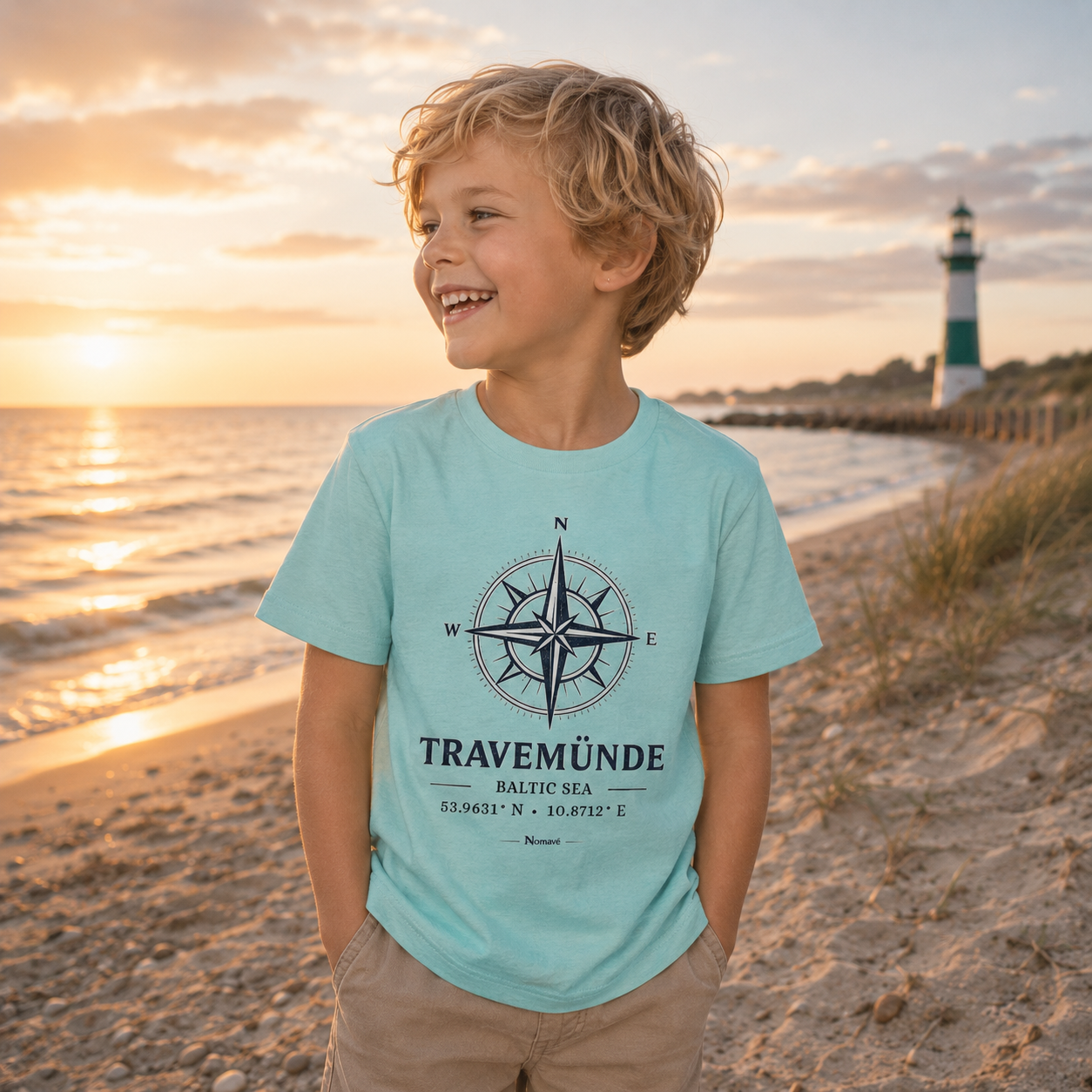 Junge trägt ein hellblaues Nomavé Kinder Bio-T-Shirt mit „Travemünde Baltic Sea“-Kompassmotiv am Ostseestrand bei Sonnenuntergang. Im Hintergrund sind Meer, Dünen und der grün-weiße Leuchtturm zu sehen.