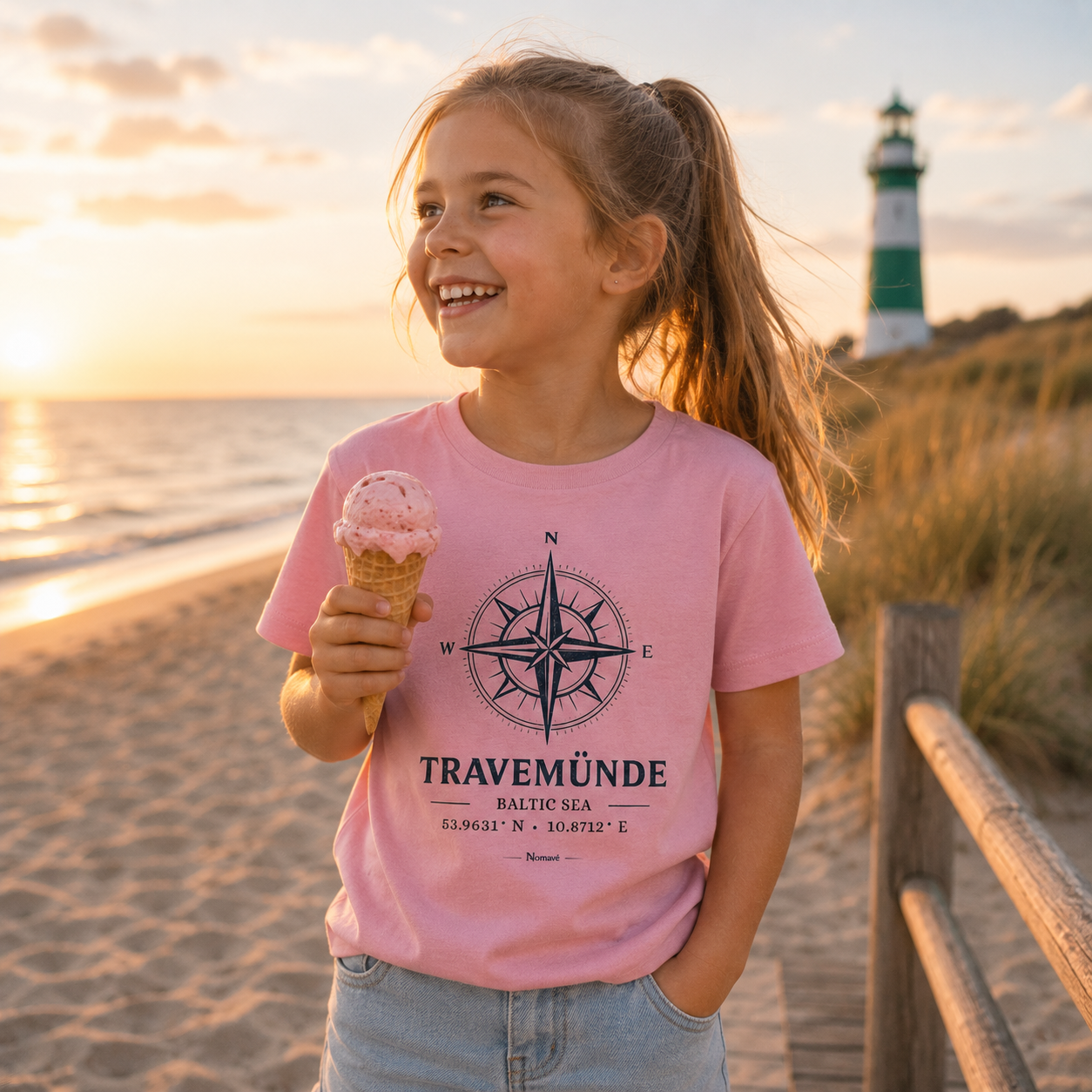 Mädchen trägt ein rosafarbenes Nomavé Kinder Bio-T-Shirt mit „Travemünde Baltic Sea“-Kompassmotiv und Koordinaten. Sie hält ein Eis in der Hand und steht bei Sonnenuntergang am Ostseestrand mit Dünen, Meer und grün-weißem Leuchtturm im Hintergrund.