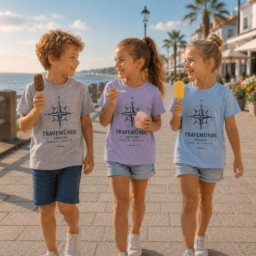 Drei Kinder tragen bunte Nomavé Kinder Bio-T-Shirts mit „Travemünde Baltic Sea“-Kompassmotiv und genießen Eis auf einer sonnigen Promenade am Meer. Fröhliches Sommermotiv mit Urlaubsstimmung und maritimem Flair.