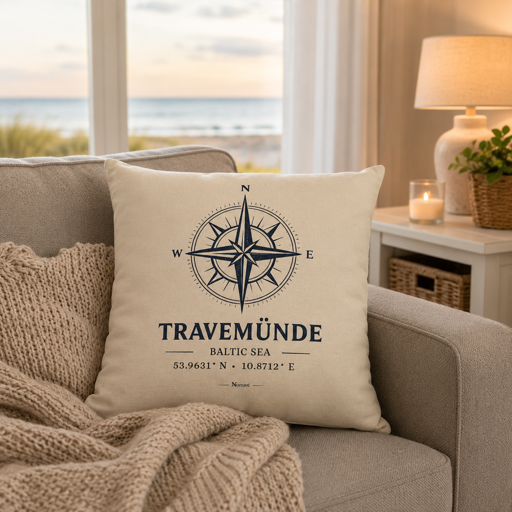 Naturweißes Kissen mit maritimem Kompassmotiv „Travemünde Baltic Sea“ von Nomavé auf einem gemütlichen Sofa vor einem Fenster mit Blick auf die Ostsee. Warme Beleuchtung, Kerze und Strickdecke schaffen eine entspannte Küstenatmosphäre. Das dekorative Sofakissen eignet sich ideal für Wohnzimmer, Ferienwohnung, Strandhaus oder maritime Wohnräume.
