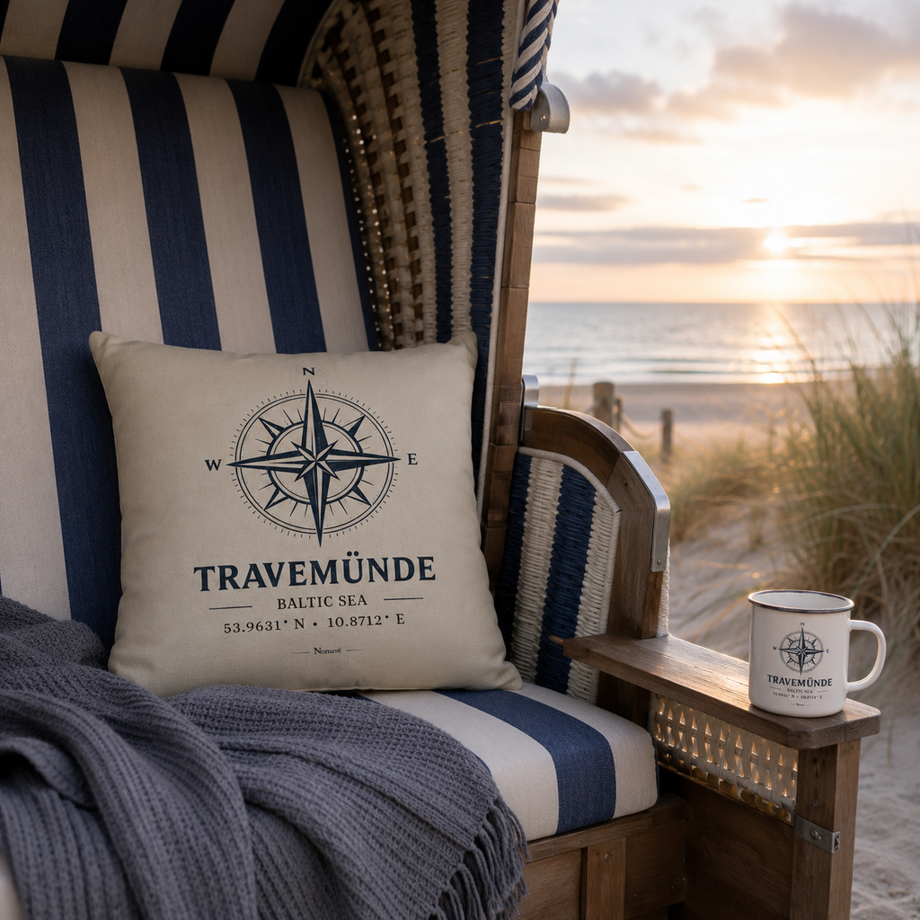 Naturweißes Kissen mit maritimem Kompassmotiv „Travemünde Baltic Sea“ von Nomavé in einem blau-weißen Strandkorb direkt an der Ostsee. Daneben steht eine passende Emaille-Tasse mit demselben Motiv. Warme Morgensonne, Dünen und Meer schaffen eine gemütliche Küstenatmosphäre. Das dekorative Kissen eignet sich ideal für Strandhaus, Ferienwohnung oder ein maritimes Zuhause.