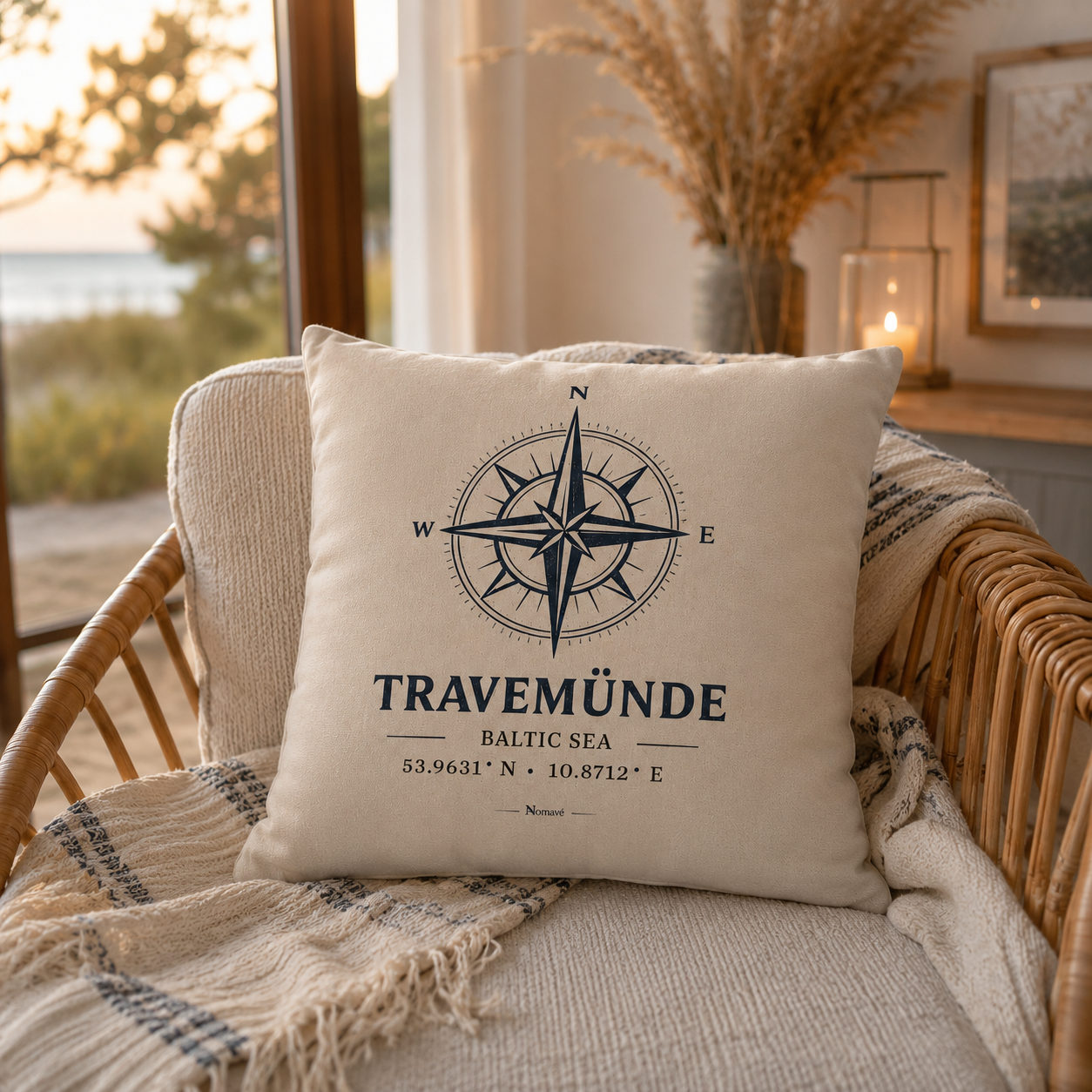 Naturweißes Kissen mit maritimem Kompassmotiv „Travemünde Baltic Sea“ von Nomavé auf einem gemütlichen Rattansessel mit Decke. Im Hintergrund sorgen warmes Morgenlicht, eine Laterne und der Blick Richtung Ostsee für eine entspannte Küstenatmosphäre. Das dekorative Sofakissen bringt nordisches Wohngefühl in Wohnzimmer, Ferienwohnung oder Strandhaus.