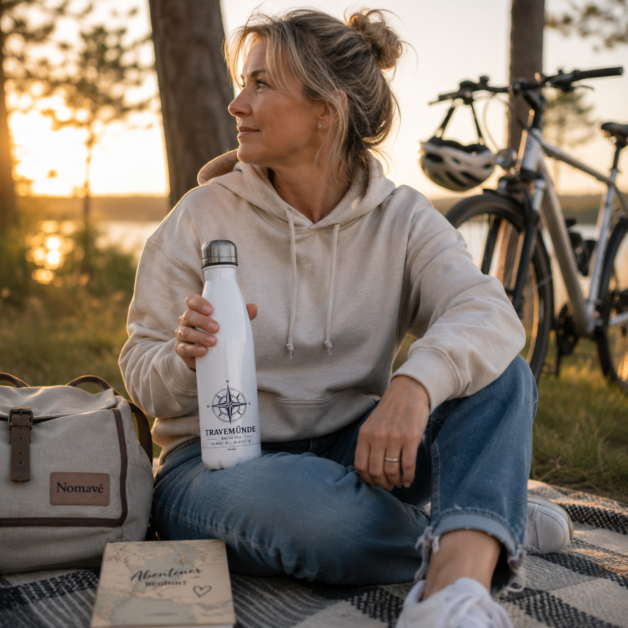 Frau mit heller Kapuzenjacke genießt eine Pause bei einer Fahrradtour und hält eine weiße Edelstahl-Trinkflasche mit maritimem Kompassmotiv „Travemünde Baltic Sea“ von Nomavé in der Hand. Im Hintergrund stehen Fahrräder im warmen Morgenlicht an der Ostsee. Die isolierte Trinkflasche eignet sich ideal für Radtouren, Ausflüge, Outdoor-Abenteuer und aktive Tage an der Küste.
