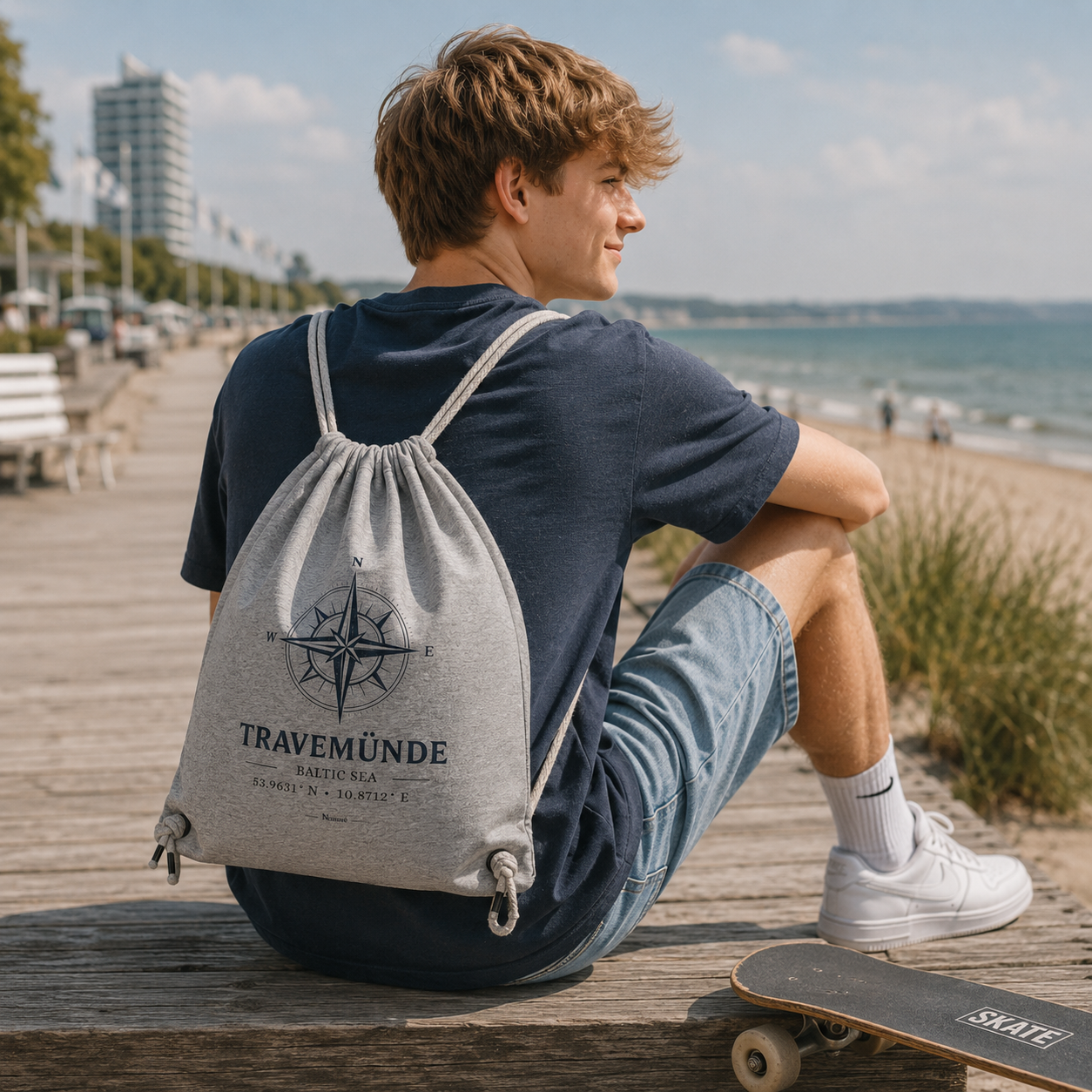 Jugendlicher mit grauem Nomavé Bio-Turnbeutel mit „Travemünde Baltic Sea“-Kompassmotiv an der Vorderreihe in Travemünde. Der Baumwollbeutel wird als Rucksack getragen und eignet sich ideal für Strand, Schule, Freizeit, Ausflüge und den Ostseeurlaub.