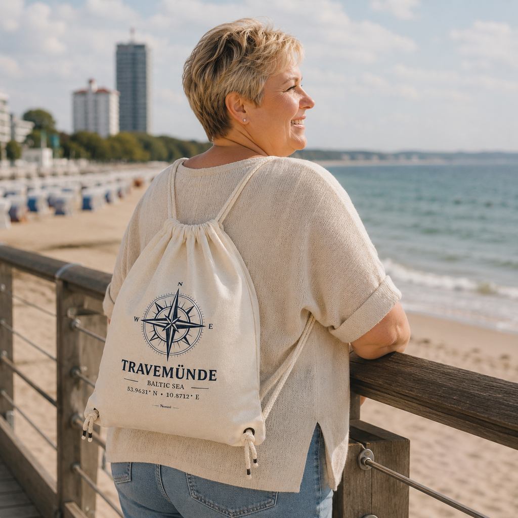 Nachhaltiger Nomavé Bio-Turnbeutel mit „Travemünde Baltic Sea“-Kompassmotiv an der Vorderreihe in Travemünde. Der leichte Baumwollbeutel wird als Rucksack getragen und eignet sich ideal für Strand, Ausflüge, Freizeit und den Ostseeurlaub.