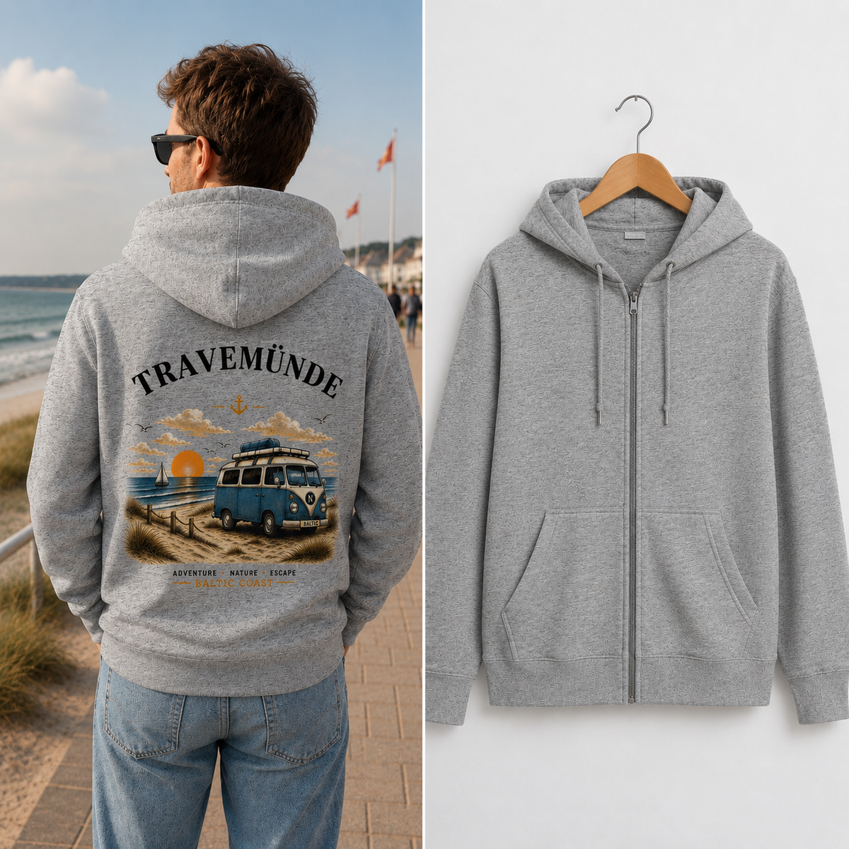 Travemünde Bulli Bio-Zipper in Heather Grey mit Rückenprint und unbedruckter Vorderseite