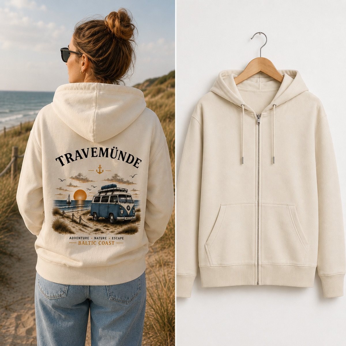 Frau im Travemünde Bulli Bio-Zipper in Natural Raw an der Ostseeküste