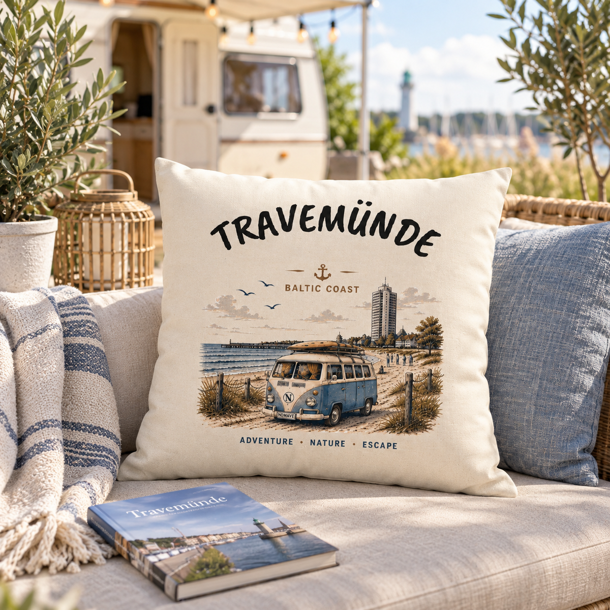 Travemünde Bulli Kissen auf einer hellen Camper-Terrasse an der Ostsee