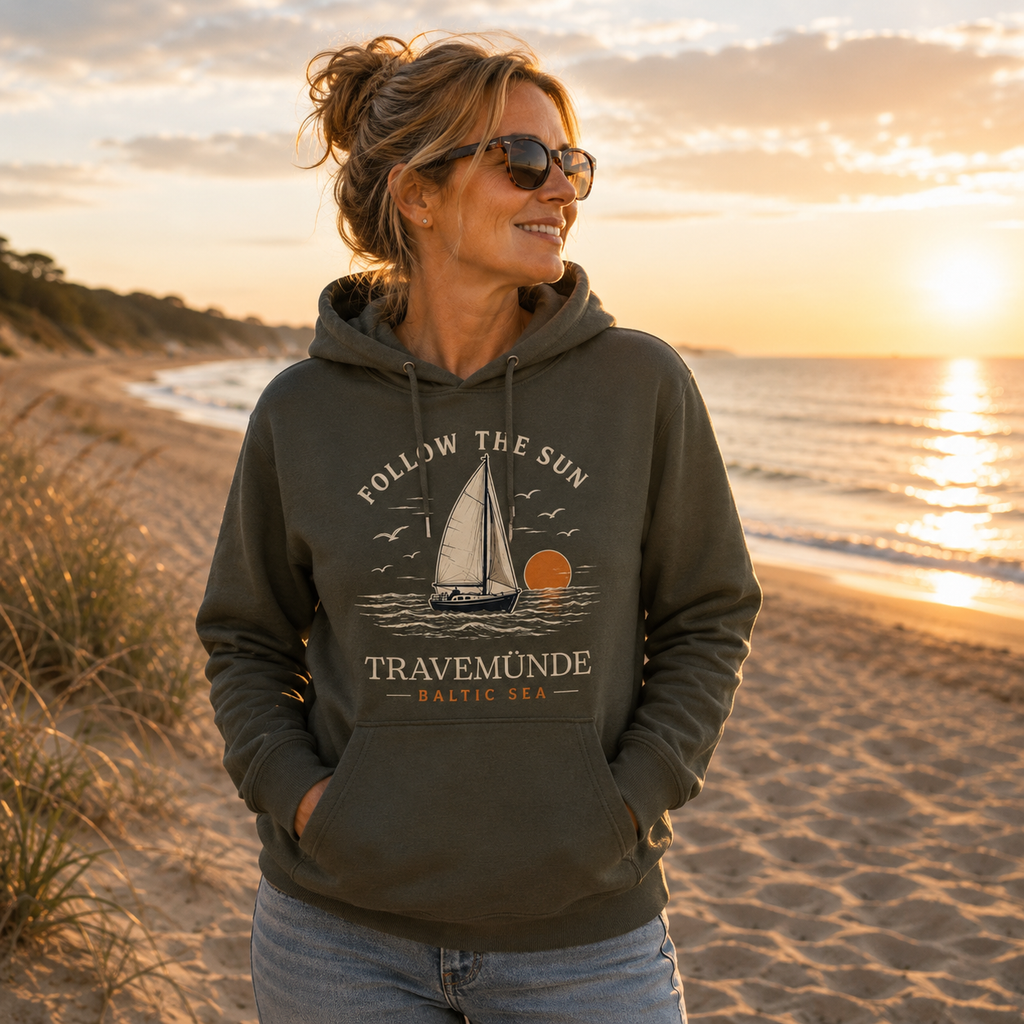 Frau trägt Travemünde Follow The Sun Dark Edition Hoodie am Strand bei Sonnenuntergang