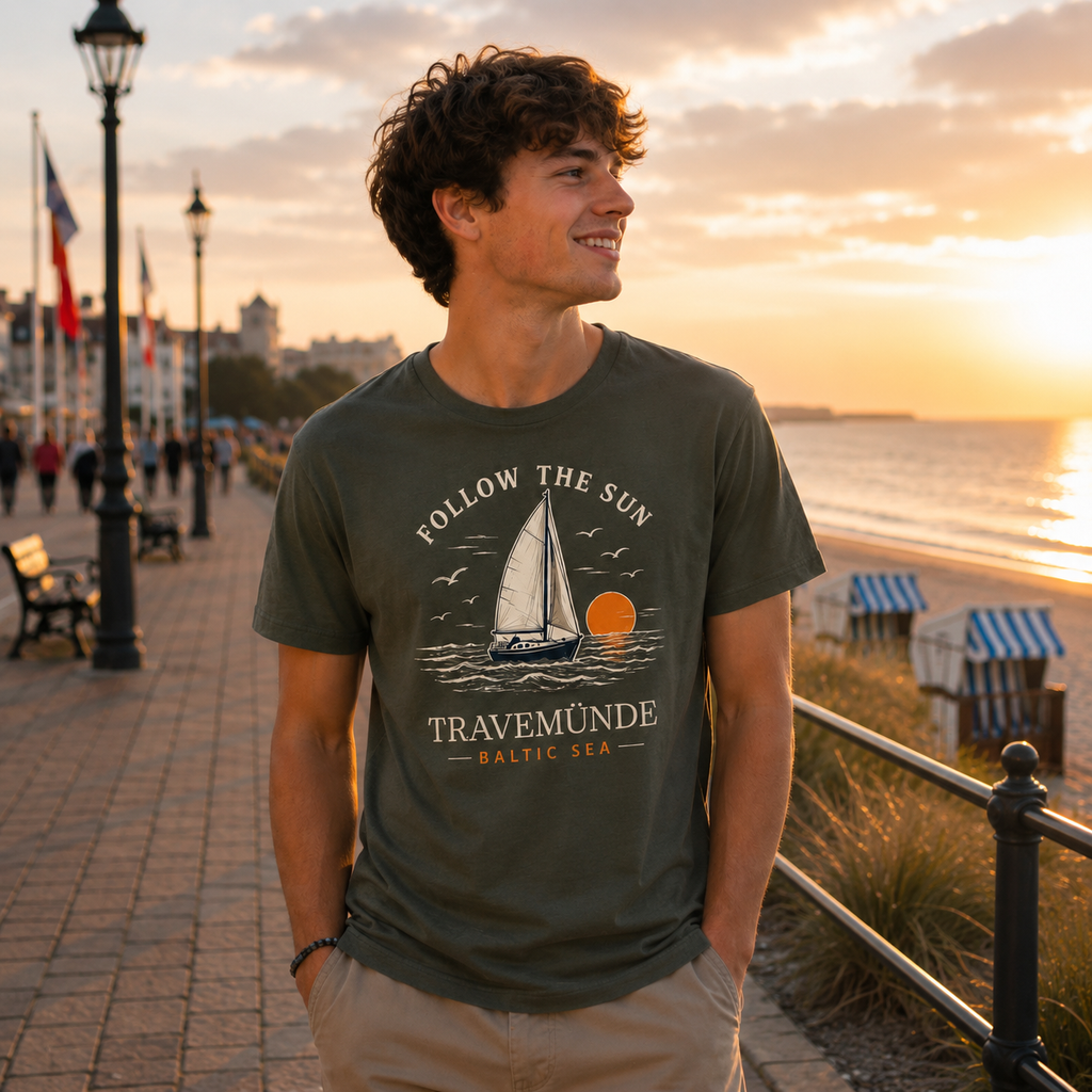 Mann trägt Travemünde Follow The Sun Dark Edition T-Shirt auf der Promenade